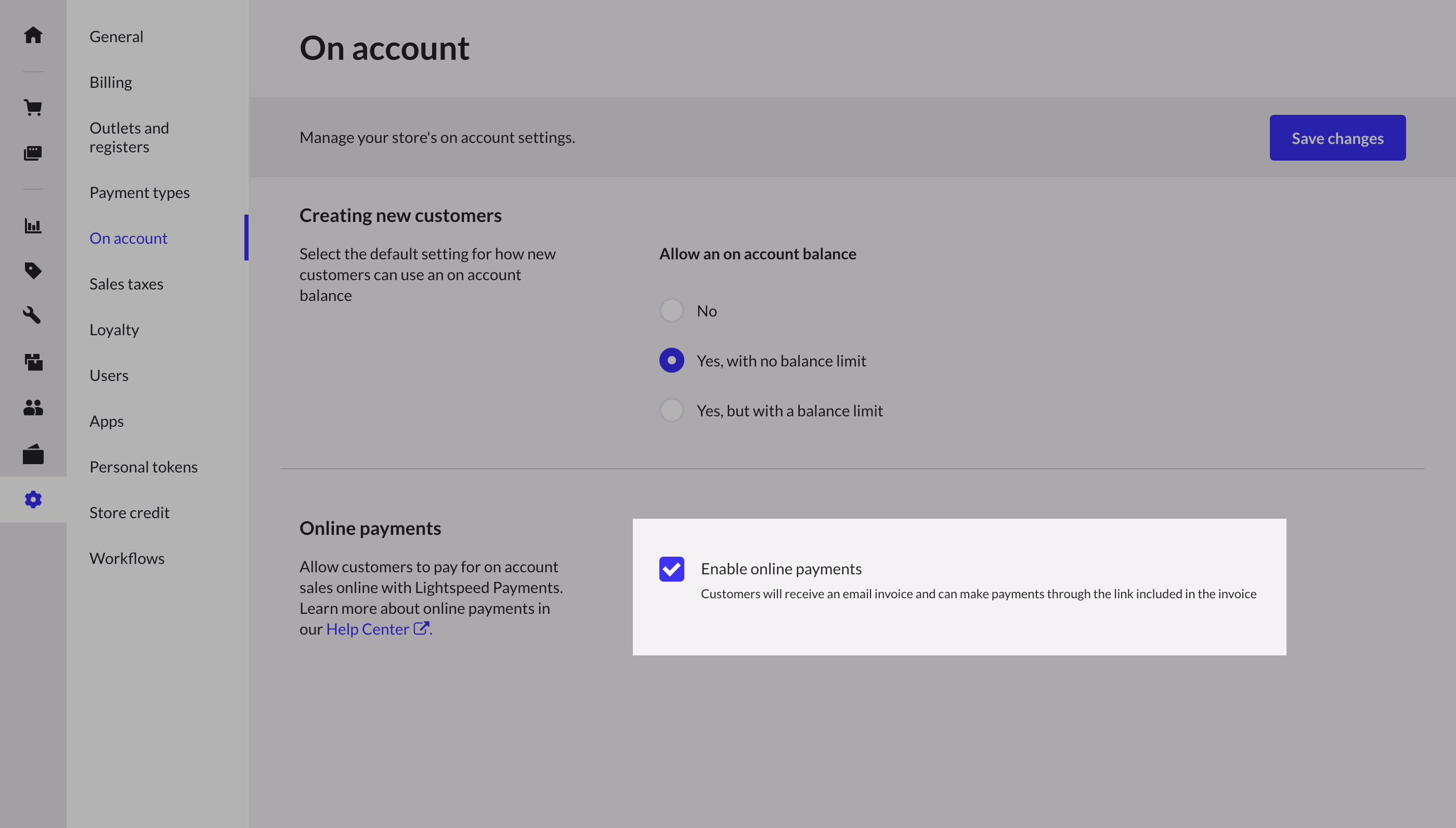 On account settings page with enable online payments checkbox highlighted.