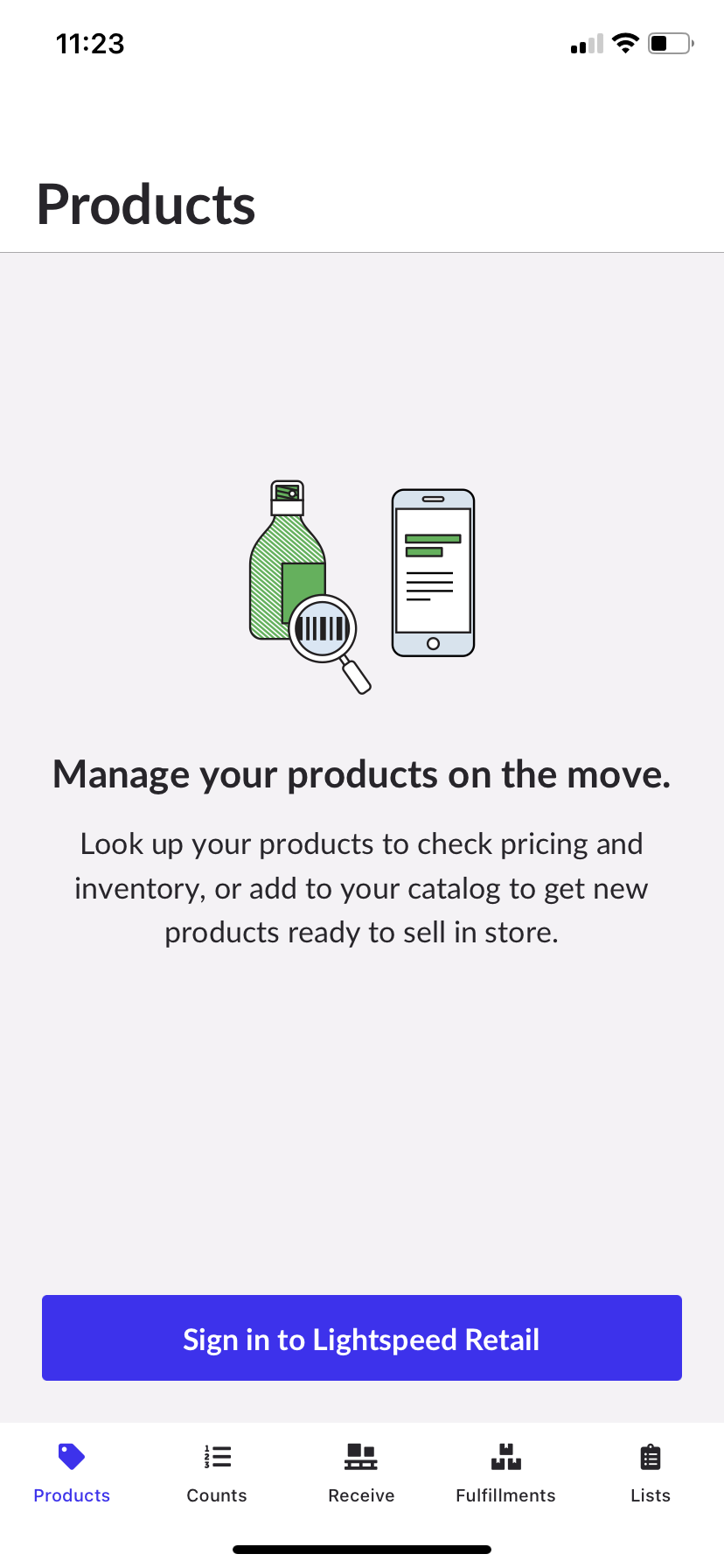Lightspeed scanner with banner to sign in to Lightspeed Retail.