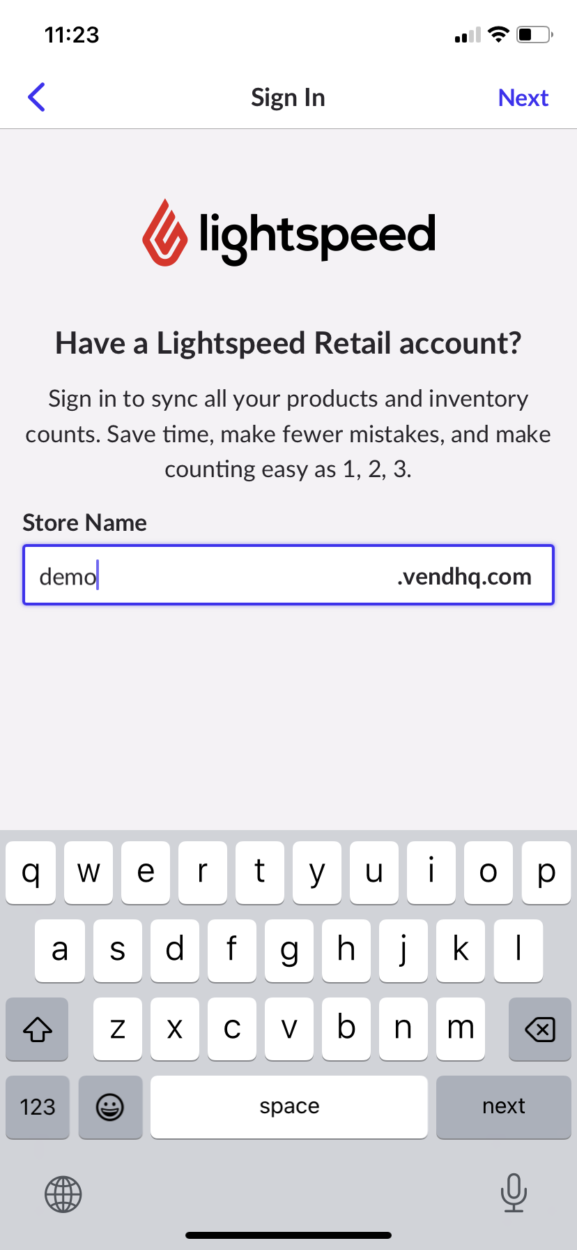 Lightspeed scanner sign in screen.
