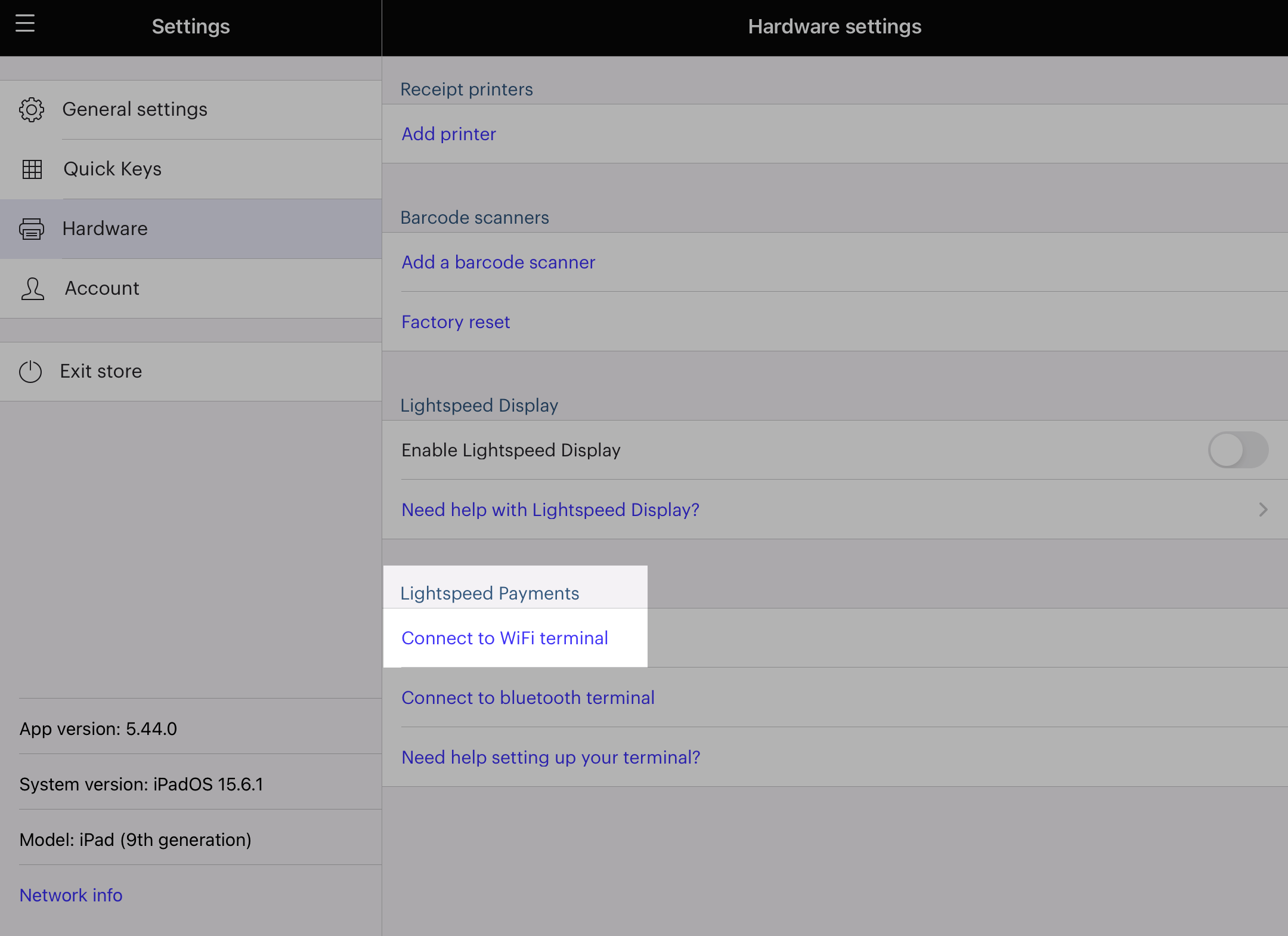 Hardware settings page with Connect to wifi terminal highlighted.