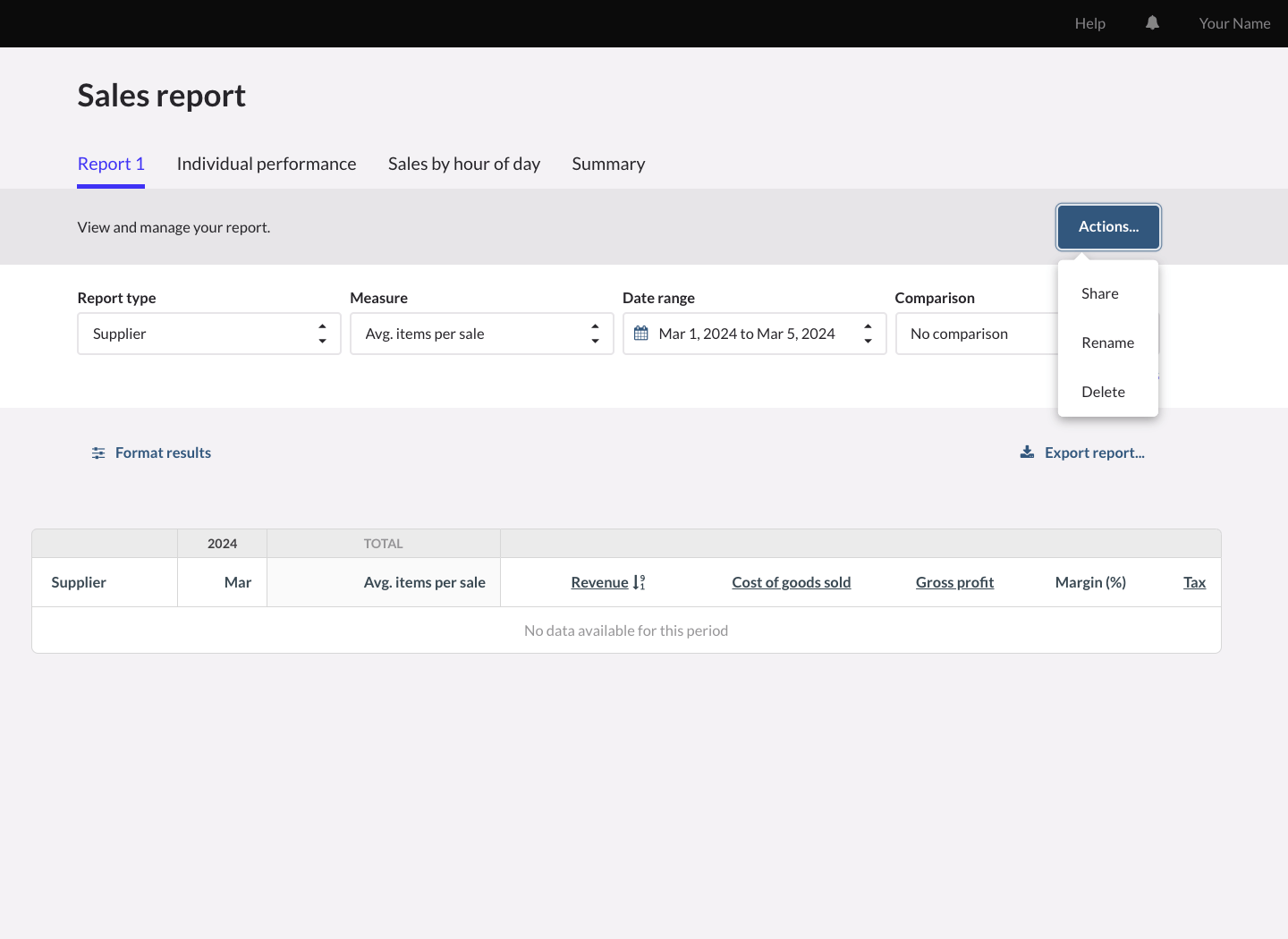 Sales report page, showing Actions drop-down.