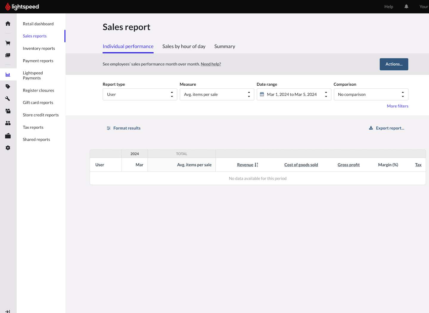 Overview of the Sales report page.