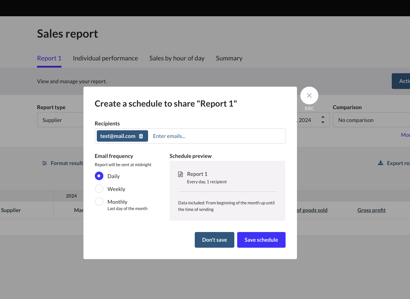 Pop-up to Create a schedule to share the report.