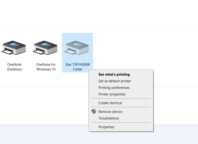 Lijst met printers waarin met de rechtermuisknop op de juiste printer is geklikt en een menu zichtbaar is.