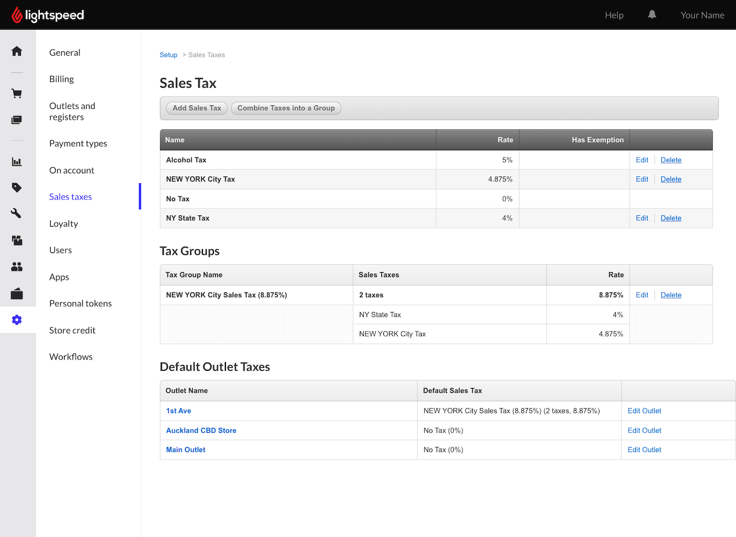 Overview of the Sales Taxes page.