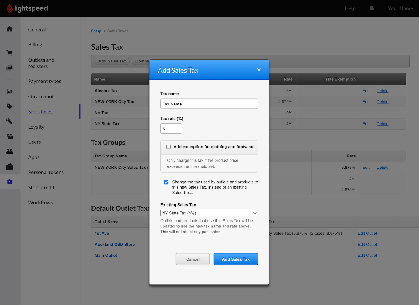 Pop-up window to Add Sales Tax.