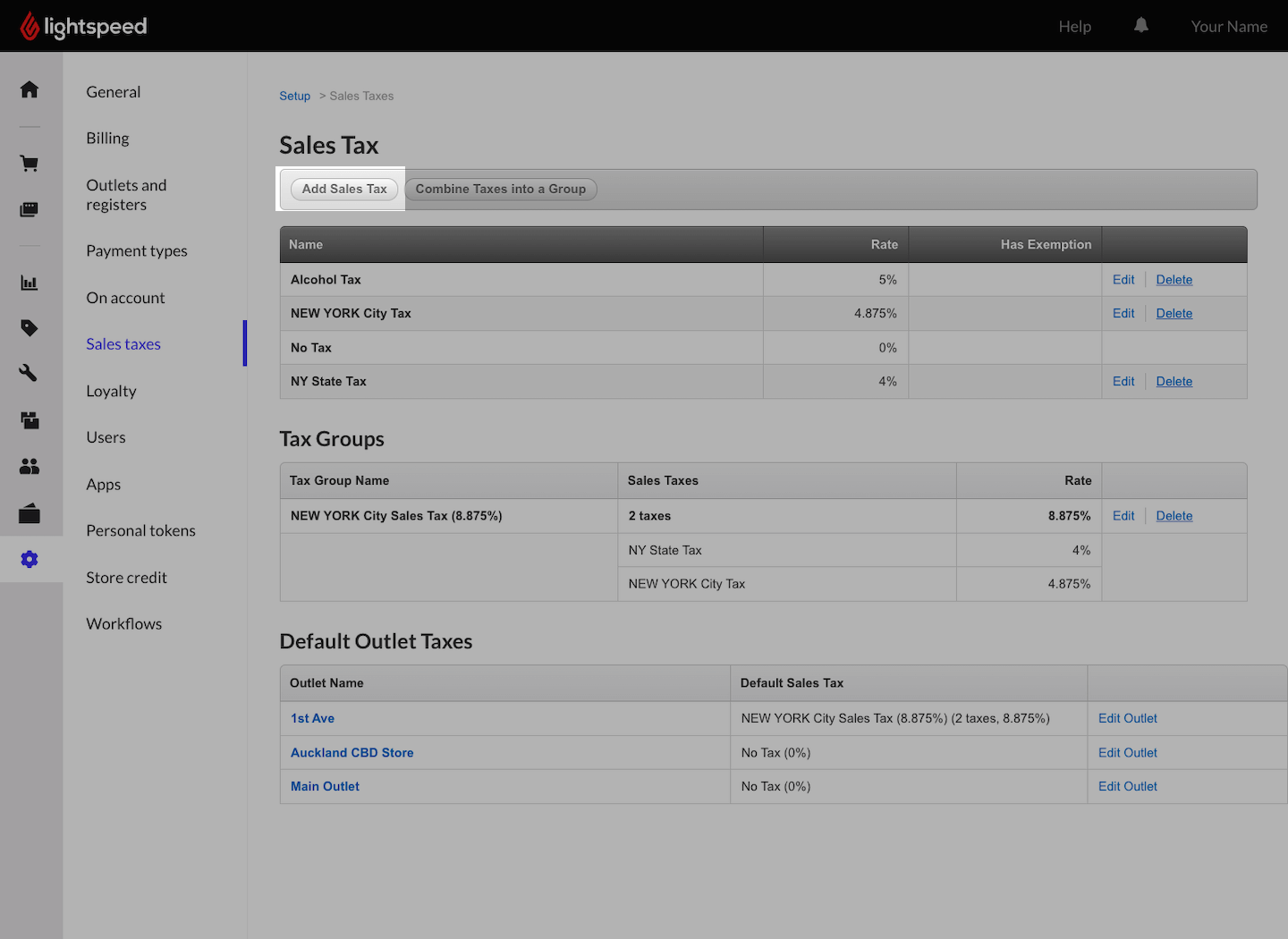 Sales Taxes page with Add Sales Tax button emphasized.