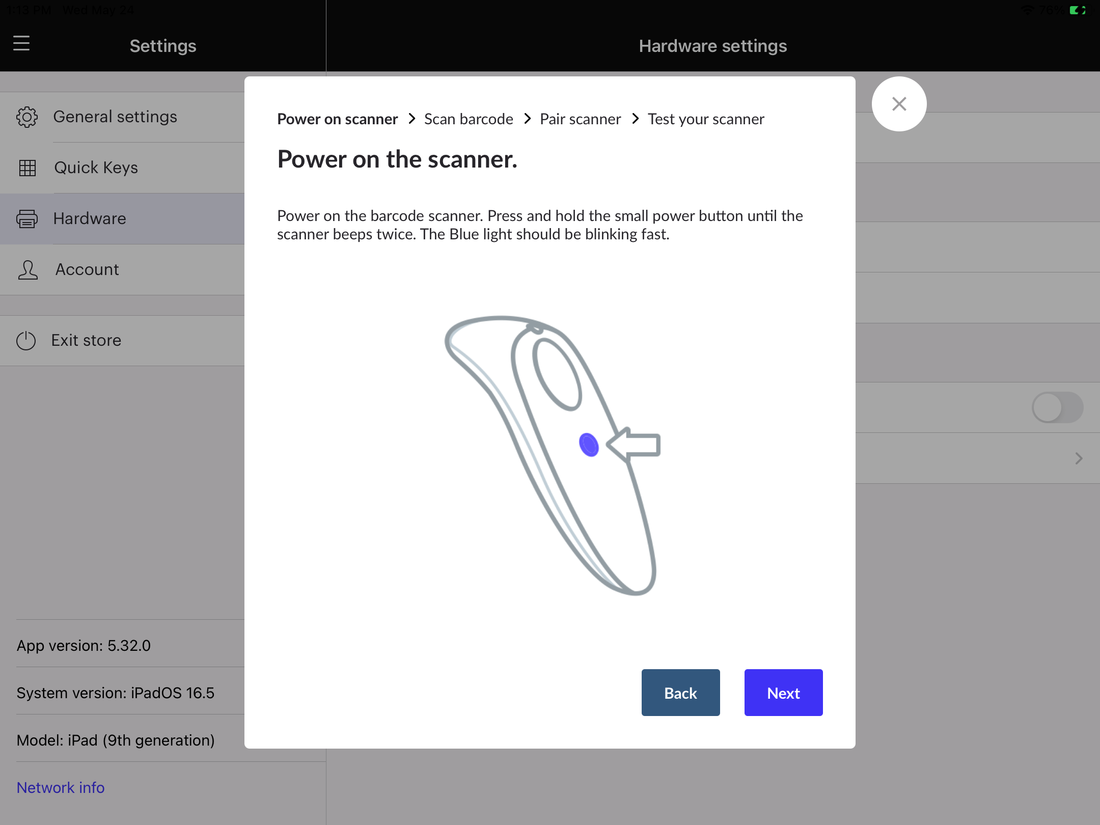 A 'Power on the scanner' pop-up with instructions and a diagram of a scanner.