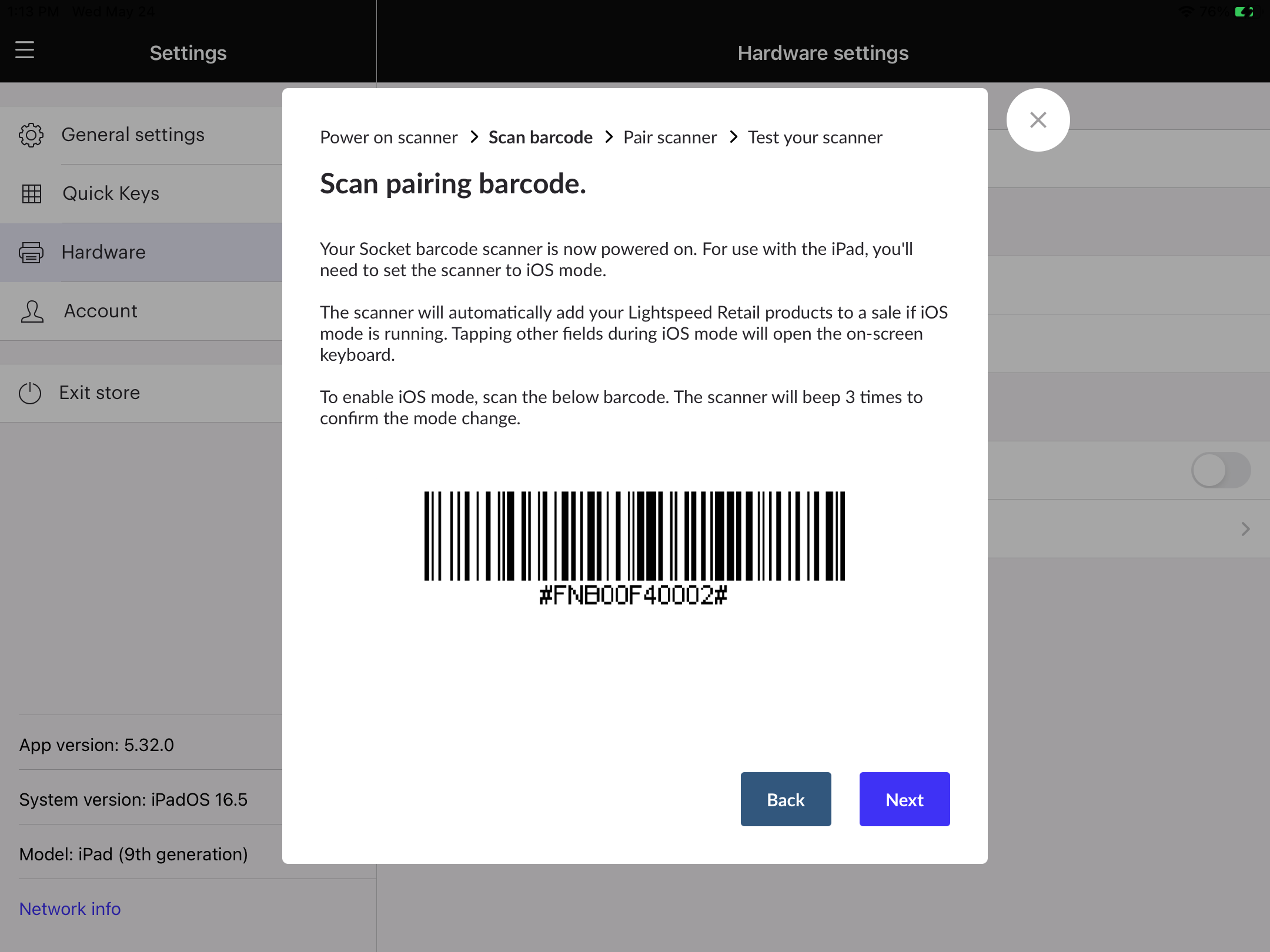 
A 'Scan barcode' pop-up with instructions to scan a pairing barcode.