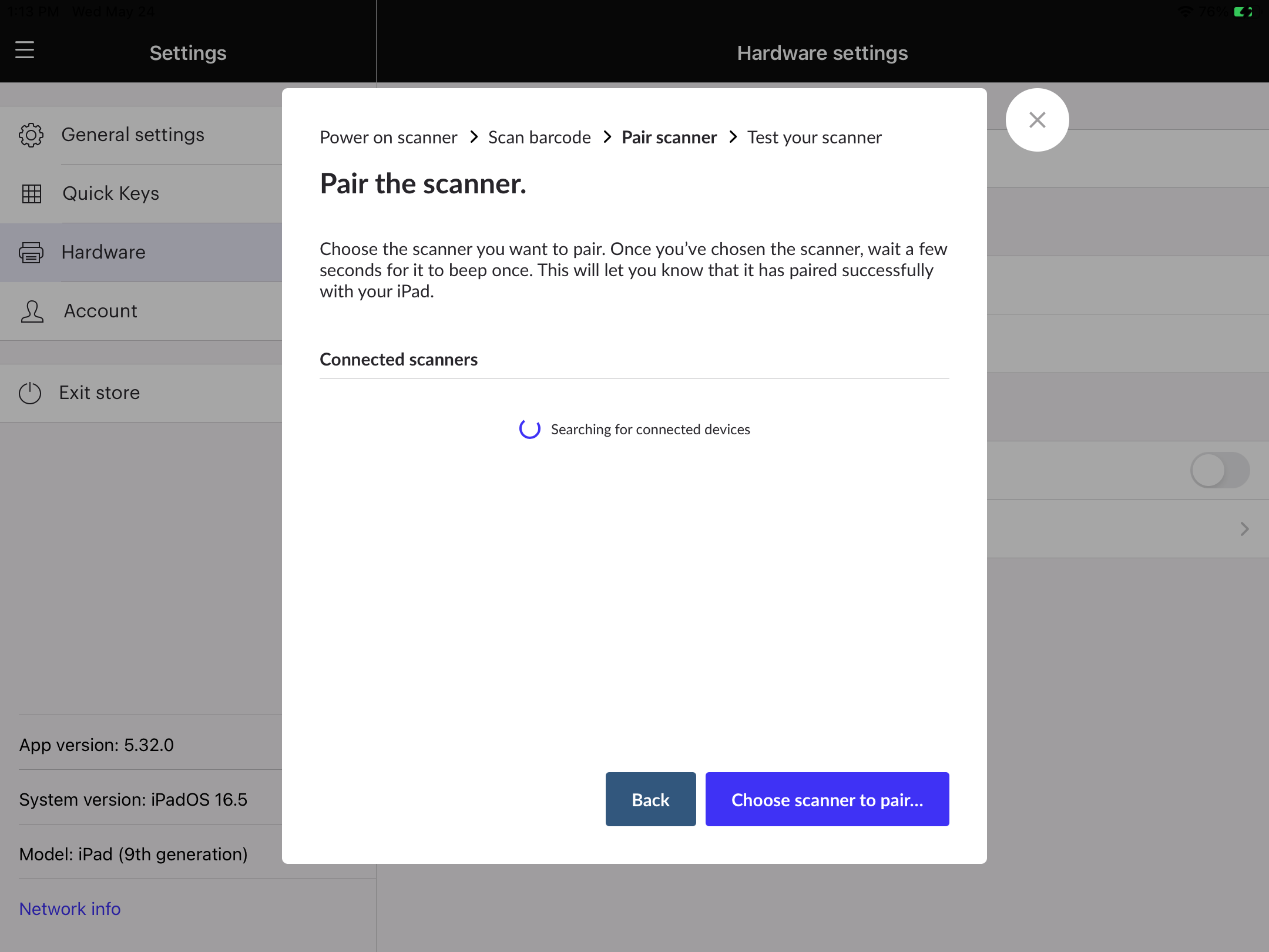 A 'Pair the scanner' pop-up with instructions to choose and pair a scanner, displaying 'Searching for connected devices'.
