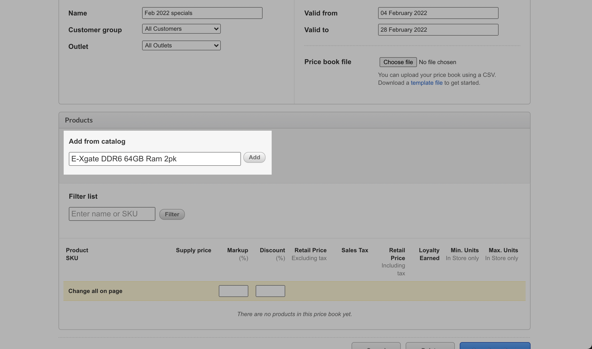 Add from catalog section showing chosen product and Add button.