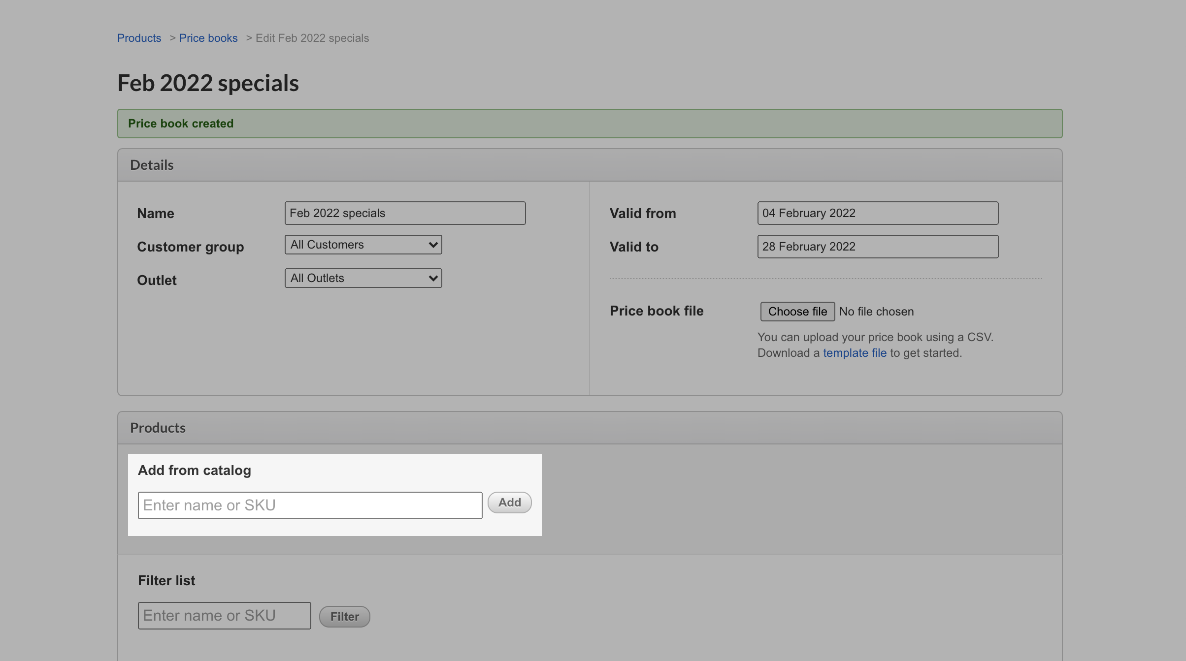 Individual price book page with Add from catalog field emphasized.