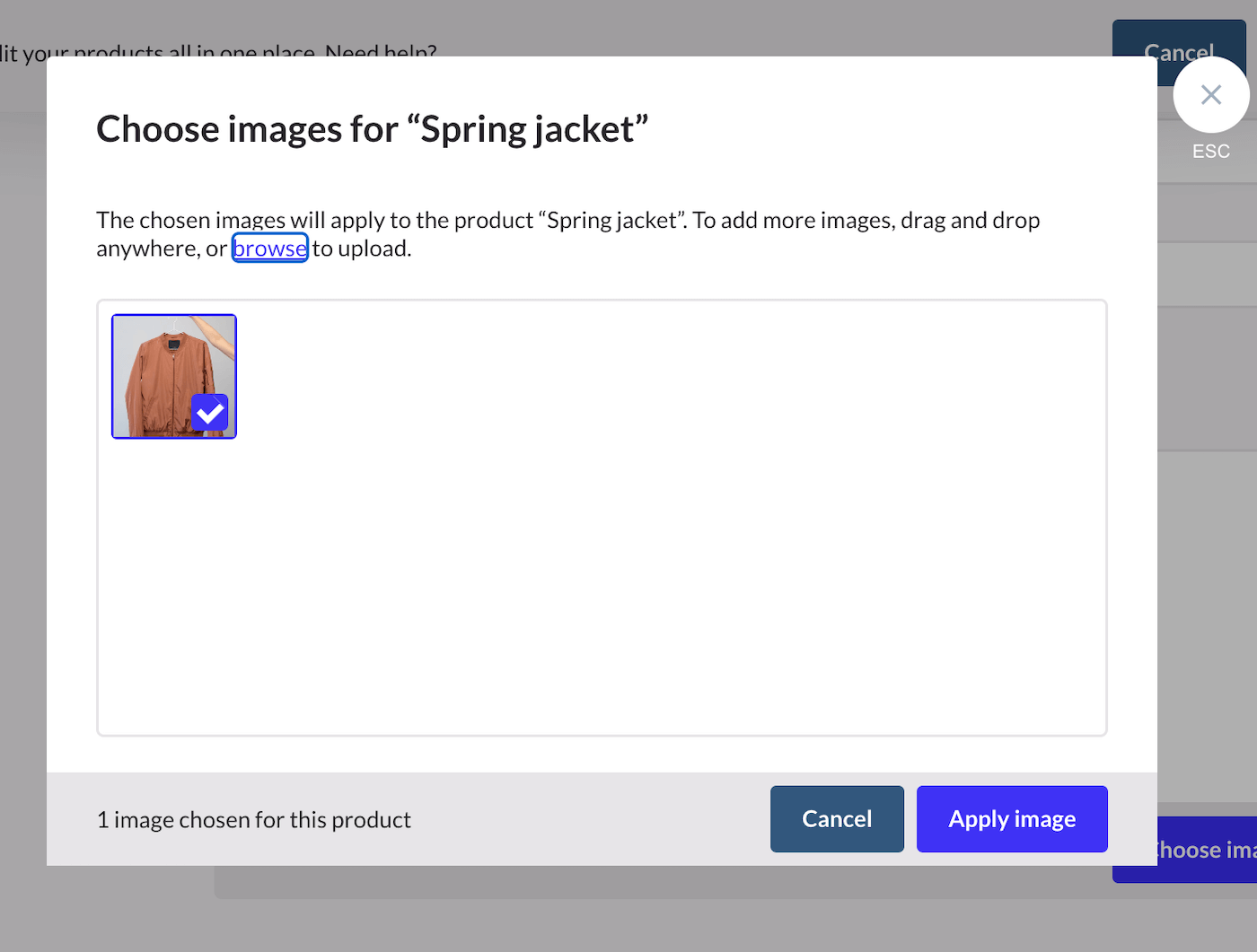 Venster Afbeeldingen kiezen met ruimte om afbeeldingen te uploaden en de opties Annuleren en Afbeelding toepassen.