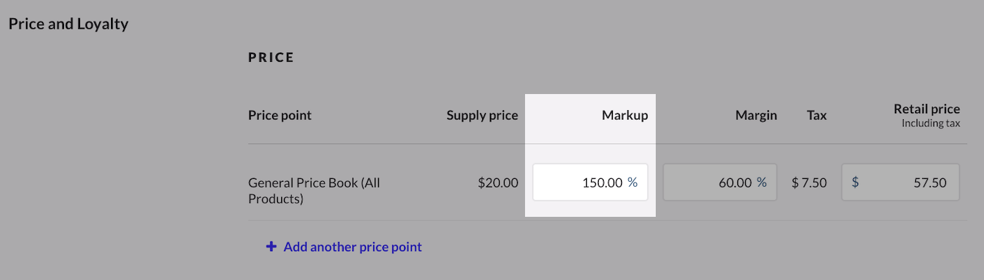 Gedeelte Prijs en Loyalty waarin Markup is uitgelicht.