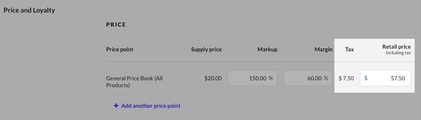 Gedeelte Prijs en Loyalty waarin Belasting en Verkoopprijs is uitgelicht.