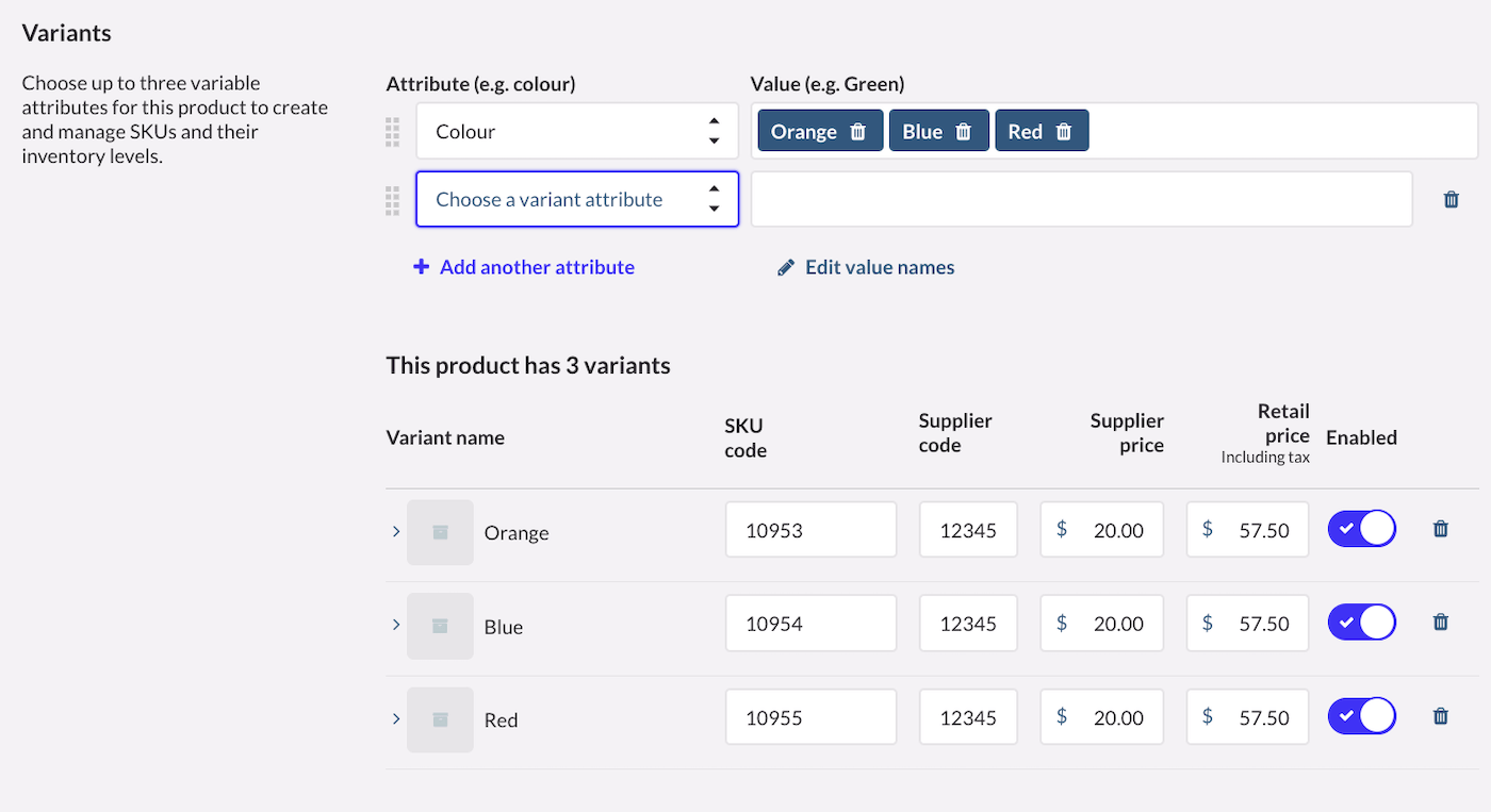 Gedeelte Varianten waarin de optie Kies een variantkenmerk uitgelicht is waarmee een secundaire variant kan worden toegevoegd.