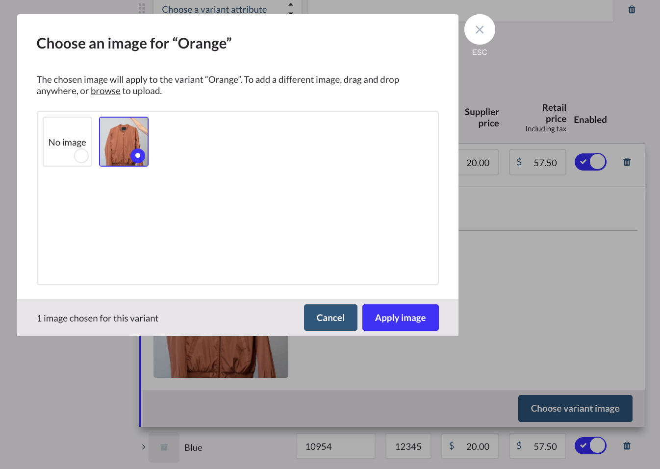 Pop-upvenster Een afbeelding kiezen om een afbeelding toe te voegen voor een specifiek variantproduct, met de opties Annuleren en Afbeelding toepassen.