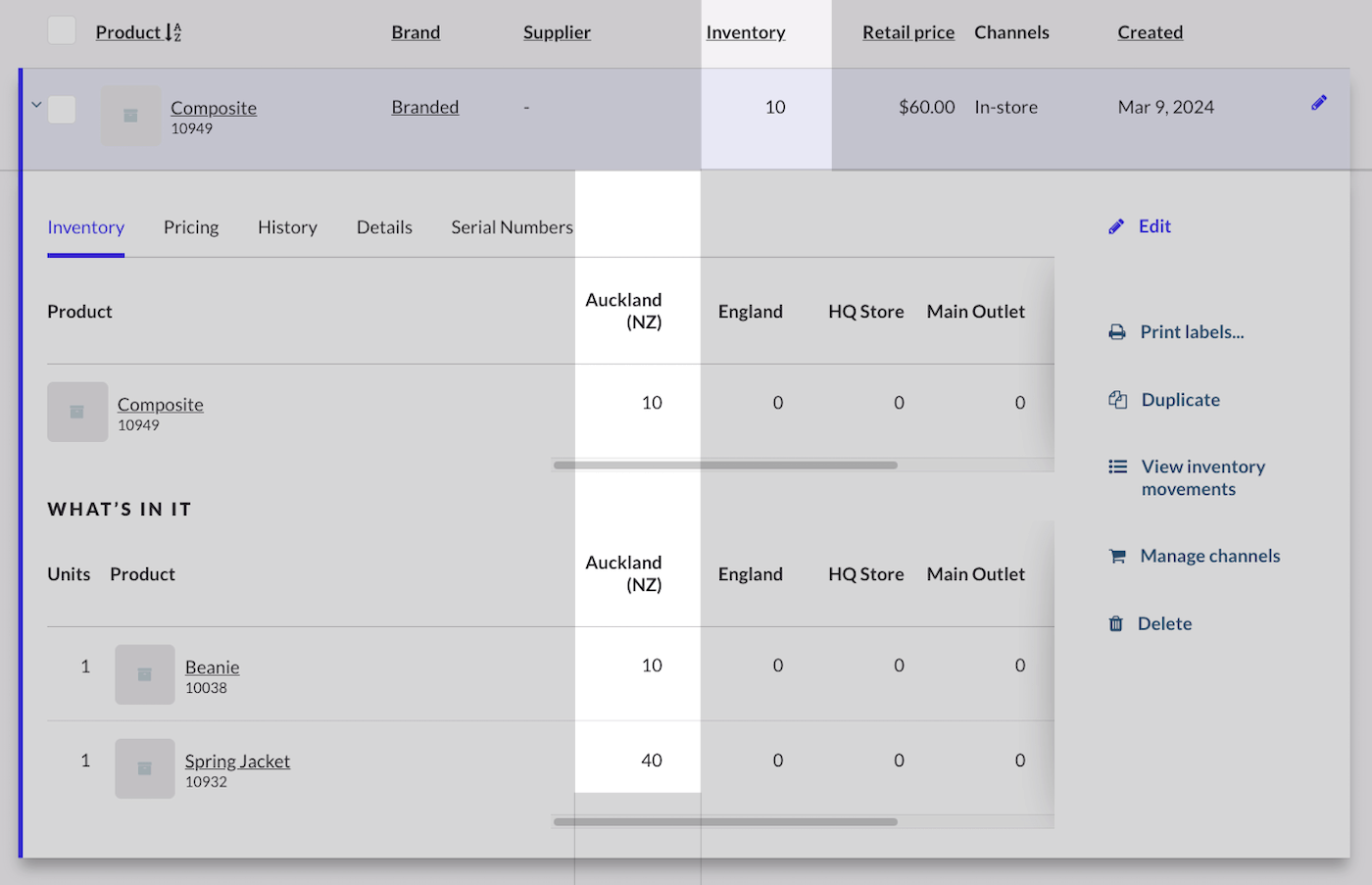 Pagina Producten waarop voorraad van een samengesteld artikel te zien is, met uitgebreide informatie met de verdeling van voorraad van alle artikelen over alle locaties.
