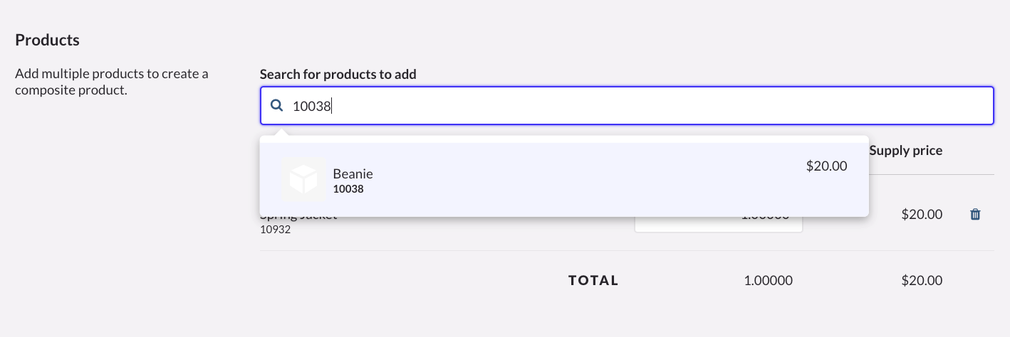 Gedeelte Producten met de optie Producten zoeken om toe te voegen.