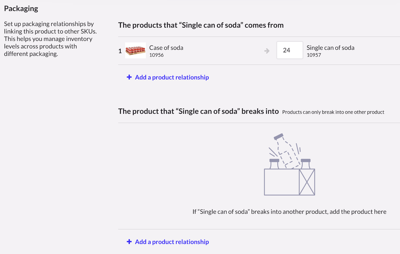 Gedeelte Verpakking waarin de optie Een productrelatie toevoegen te zien is voor producten die voor verkoop worden opgedeeld in afzonderlijke items.