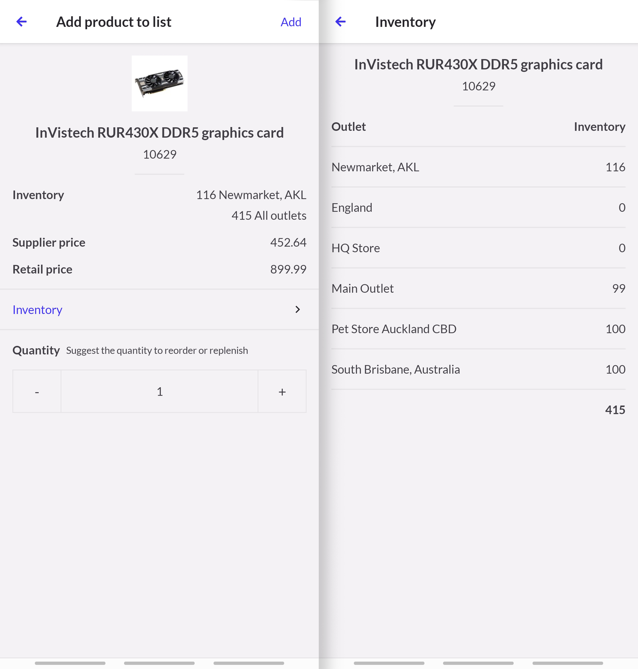 Viewing the inventory levels for the selected product