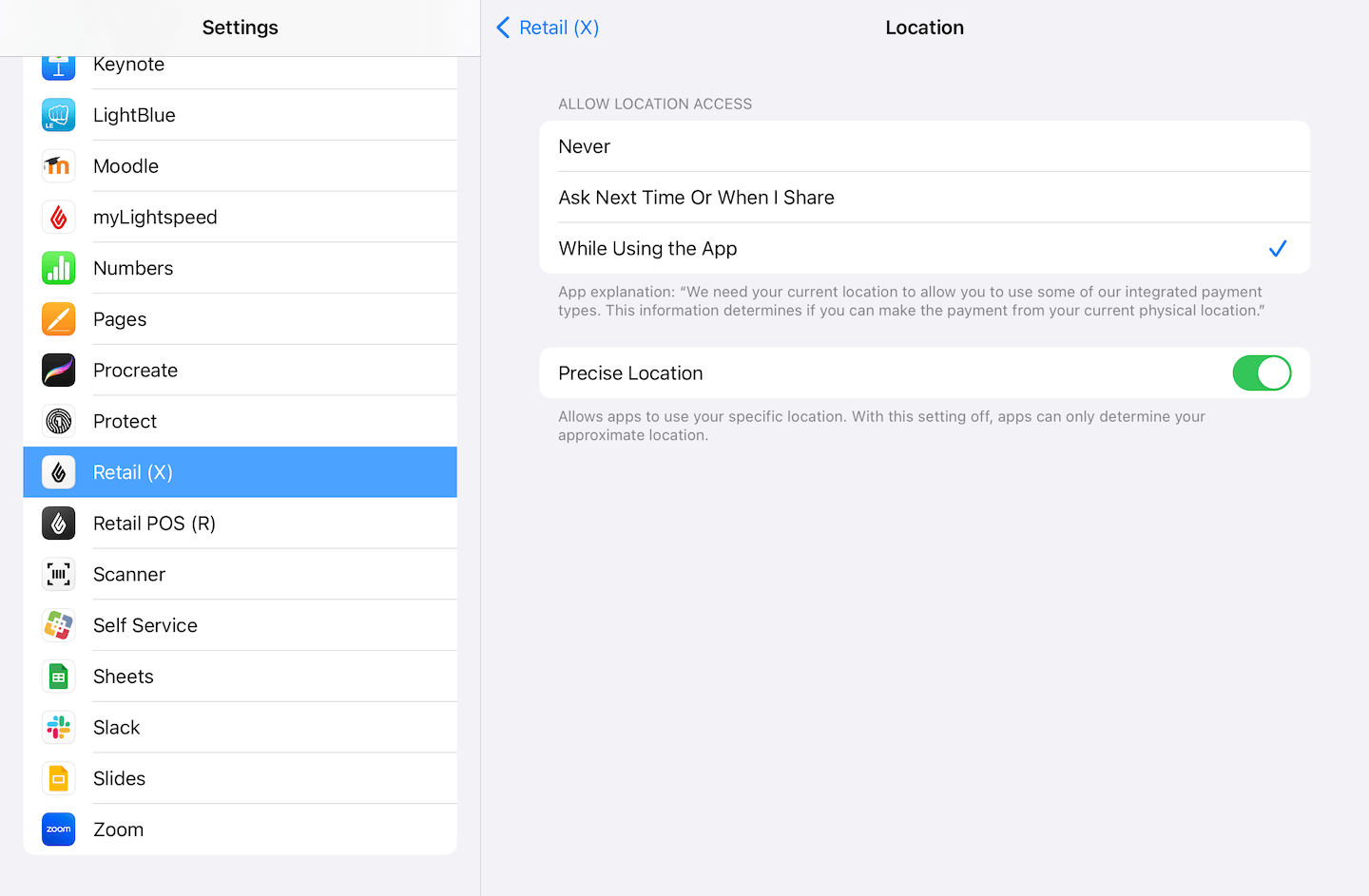iPad Settings with Location settings for the Retail (X) app shown.