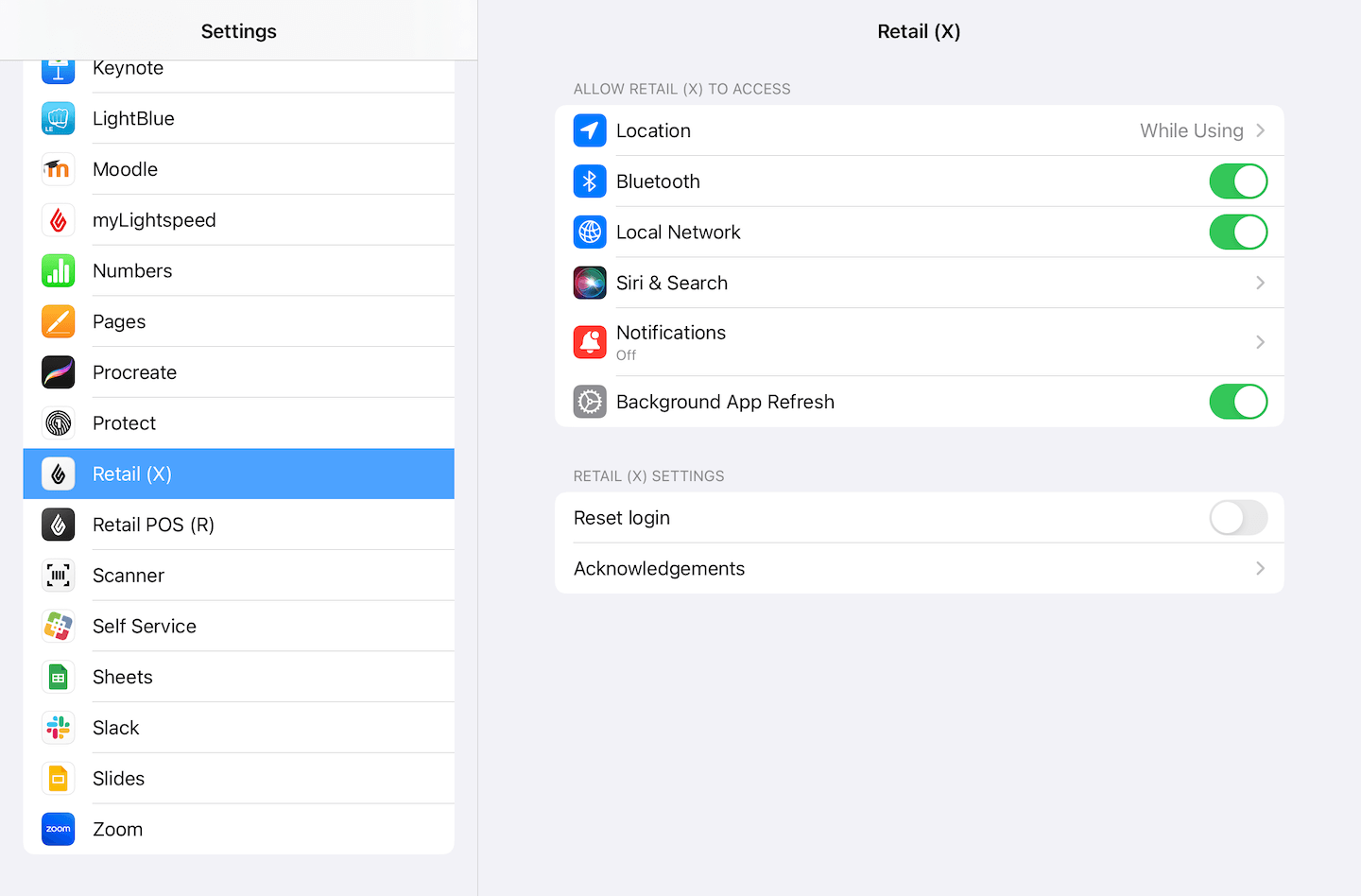 iPad Settings with Retail (X) app selected.