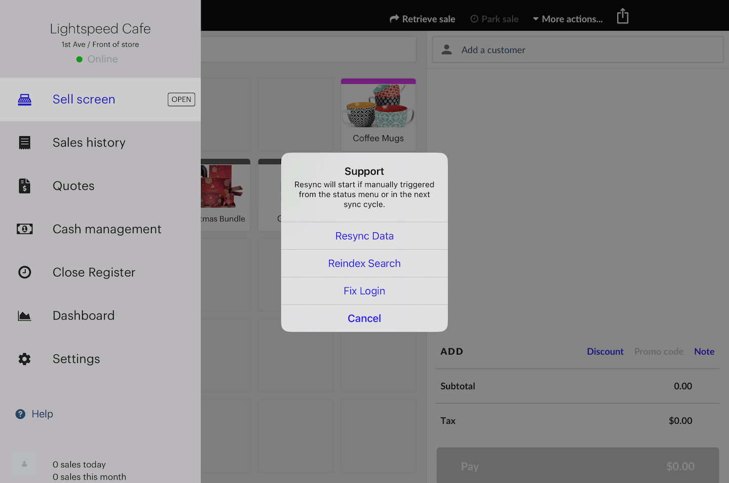 Retail (X) app with Support pop-up window.