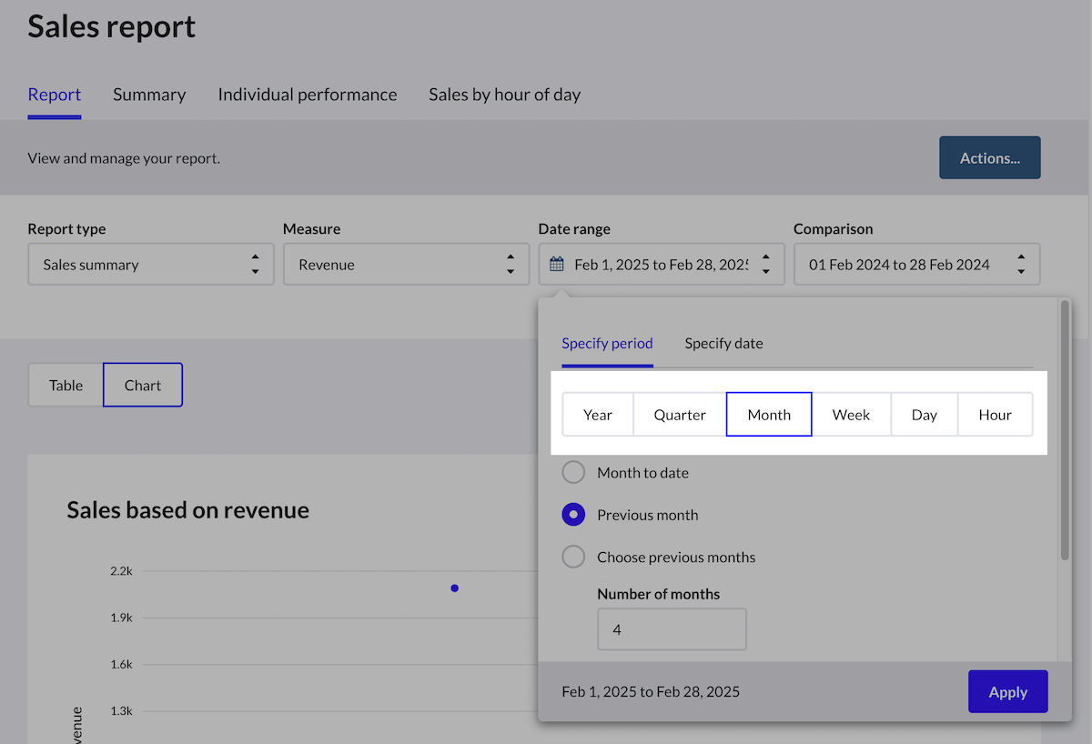 Sales summary report date showing 'Date range' options.