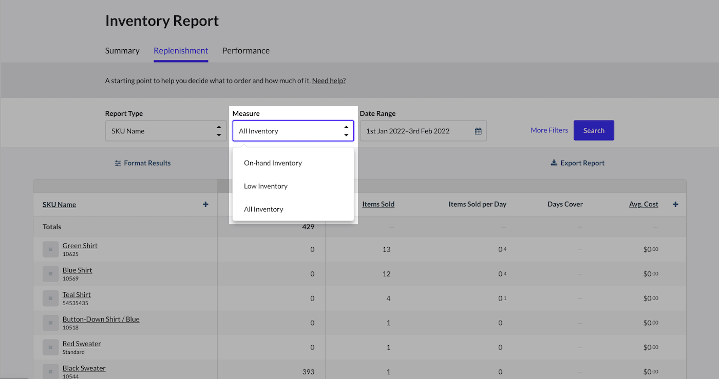 Inventory Report page with Measure dropdown emphasized.