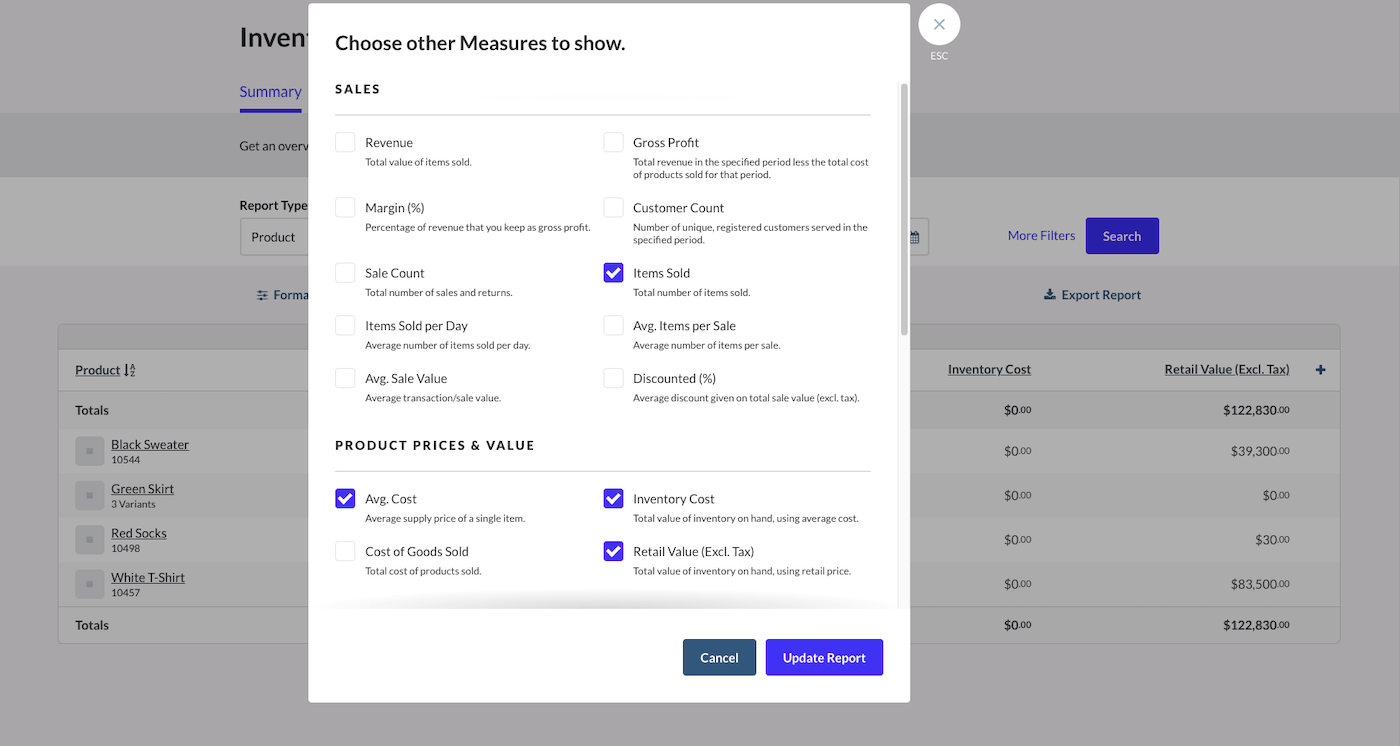 Inventory summary report page showing pop-up with options to filter report.