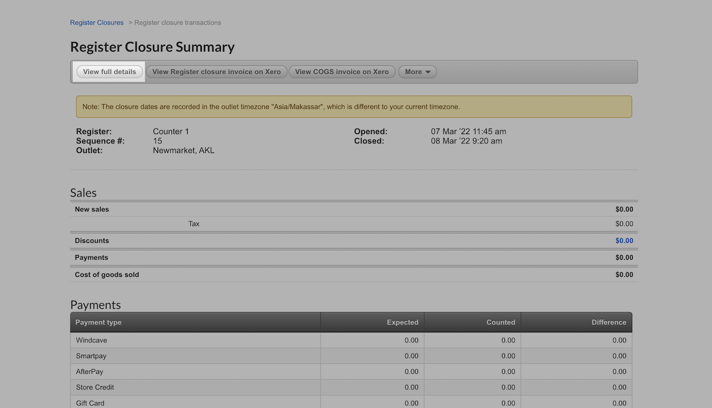 Register Closure Summary page with View full details button emphasized.