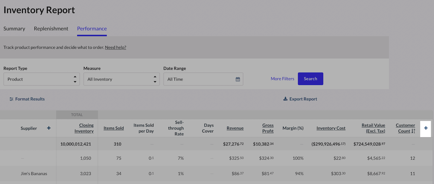 Inventory Report page with + icon emphasized.