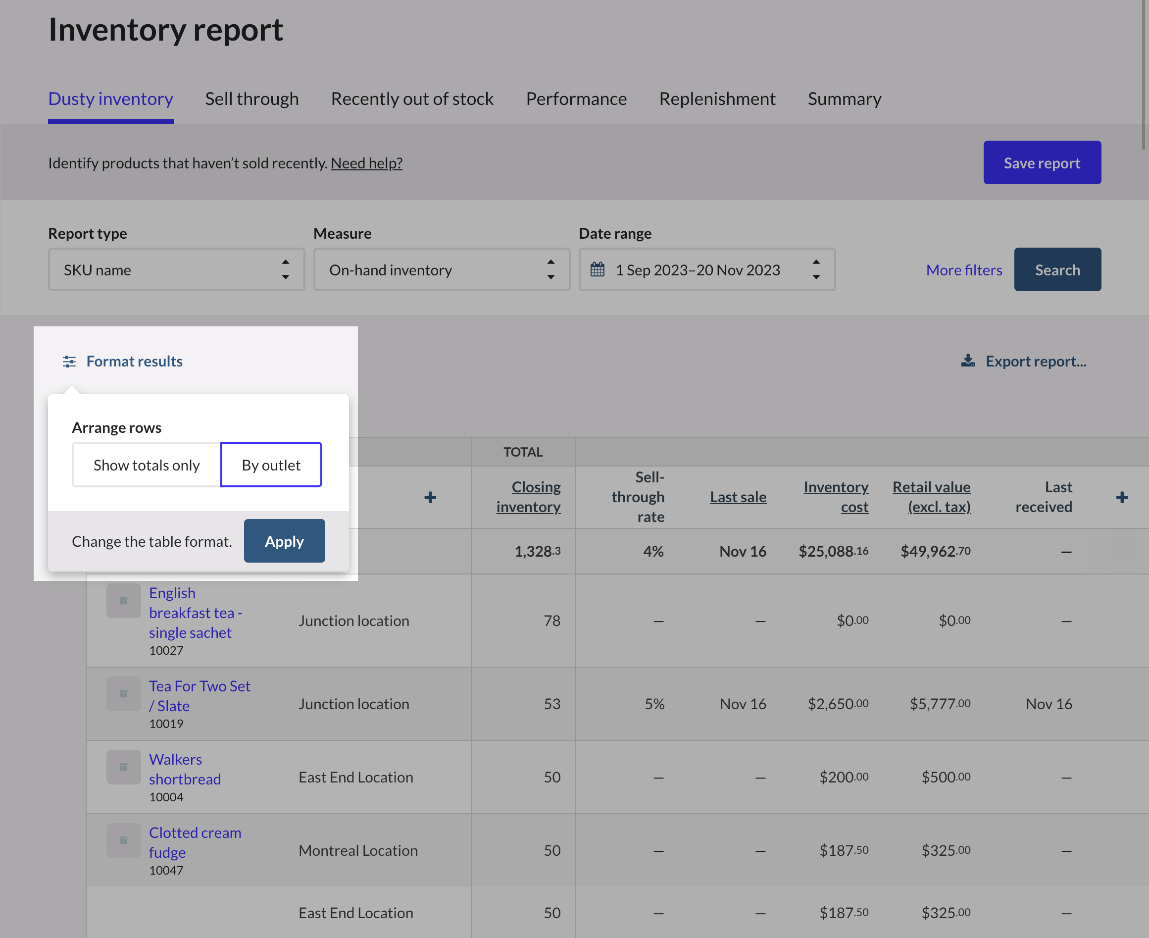 Inventory Report page with the Dusty inventory tab selected and Format results dropdown emphasized.