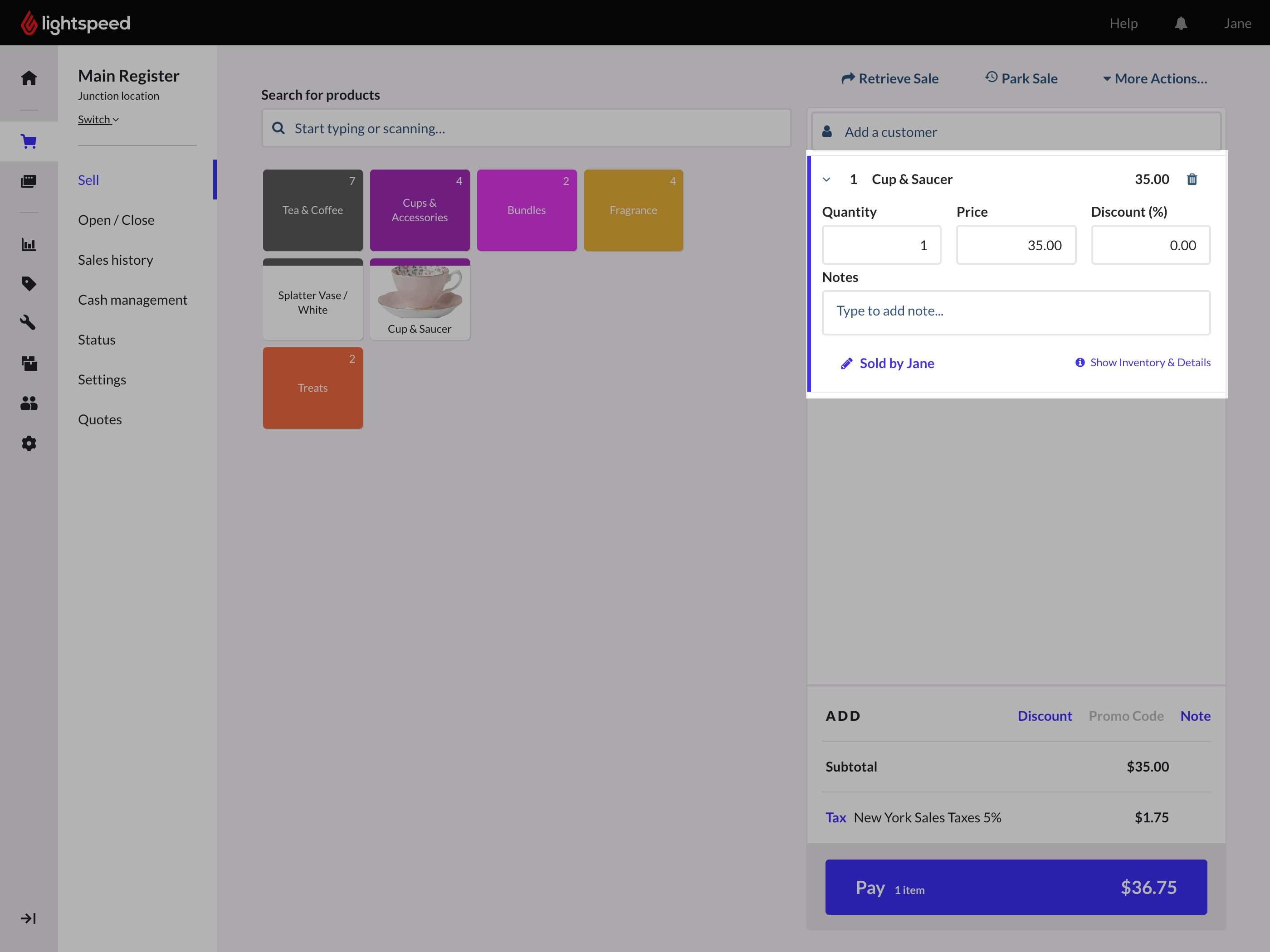 Item details expanded and area highlighted.