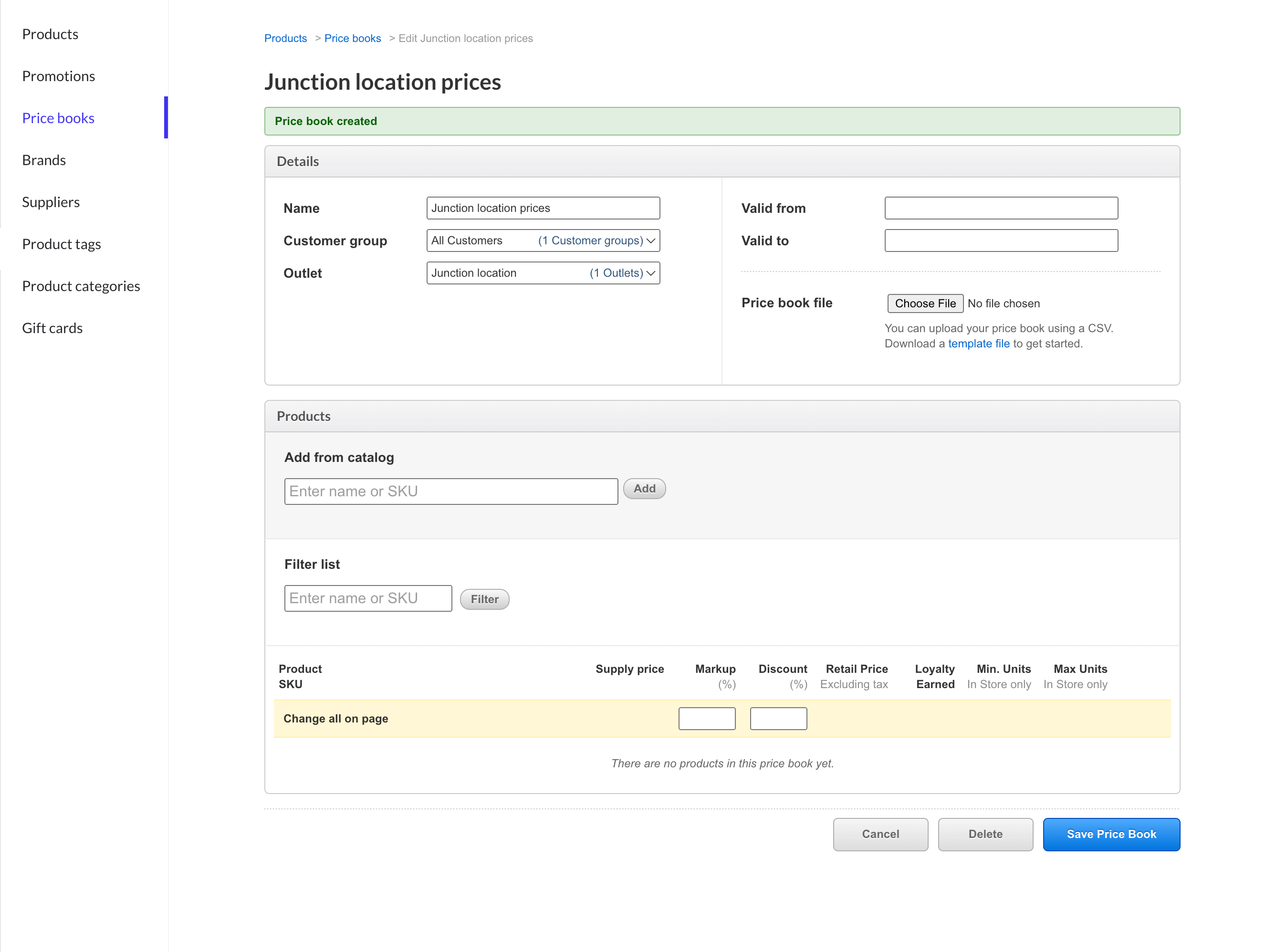 Newly created price book page.
