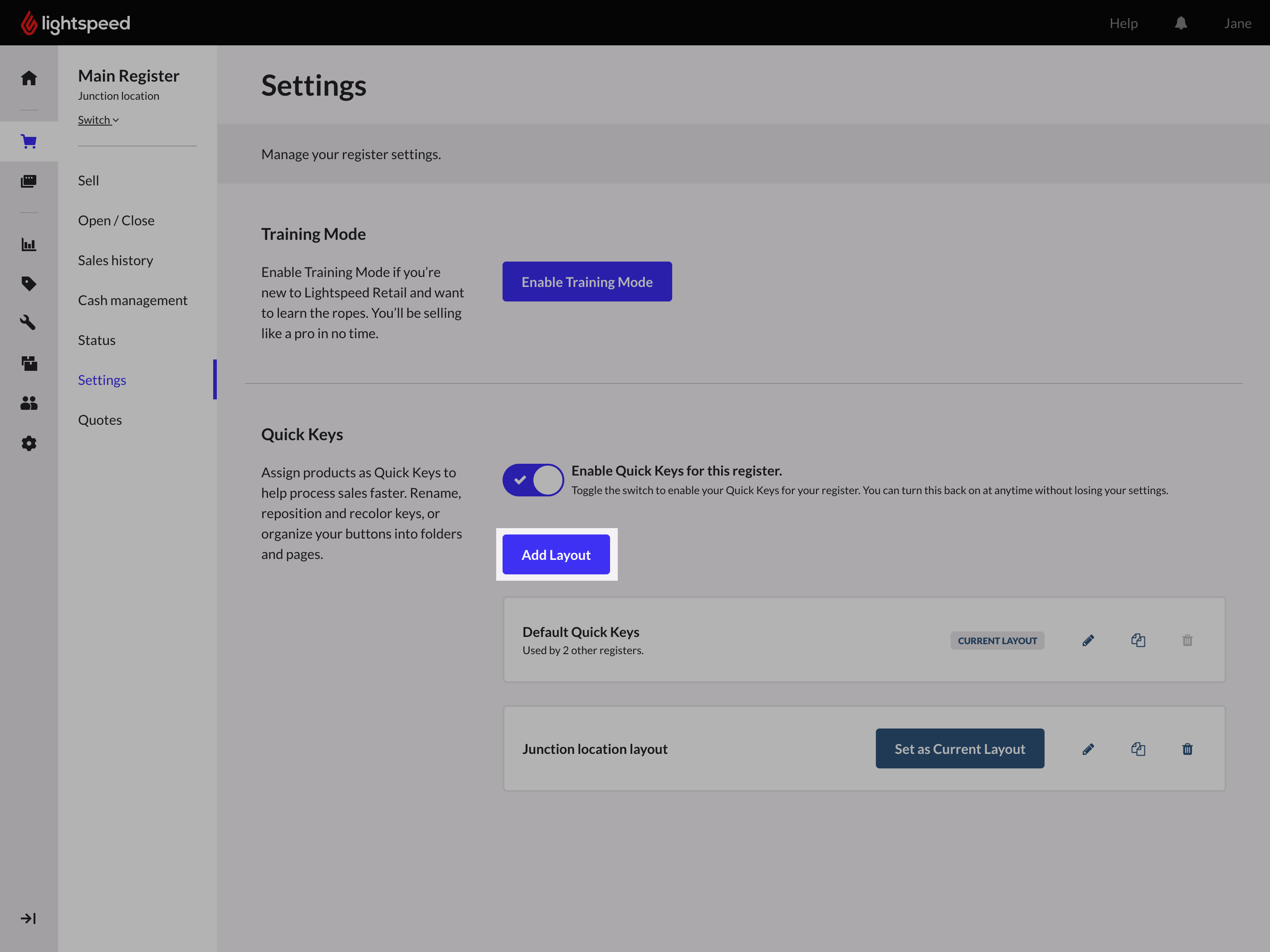 Settings page with add layout highlighted.