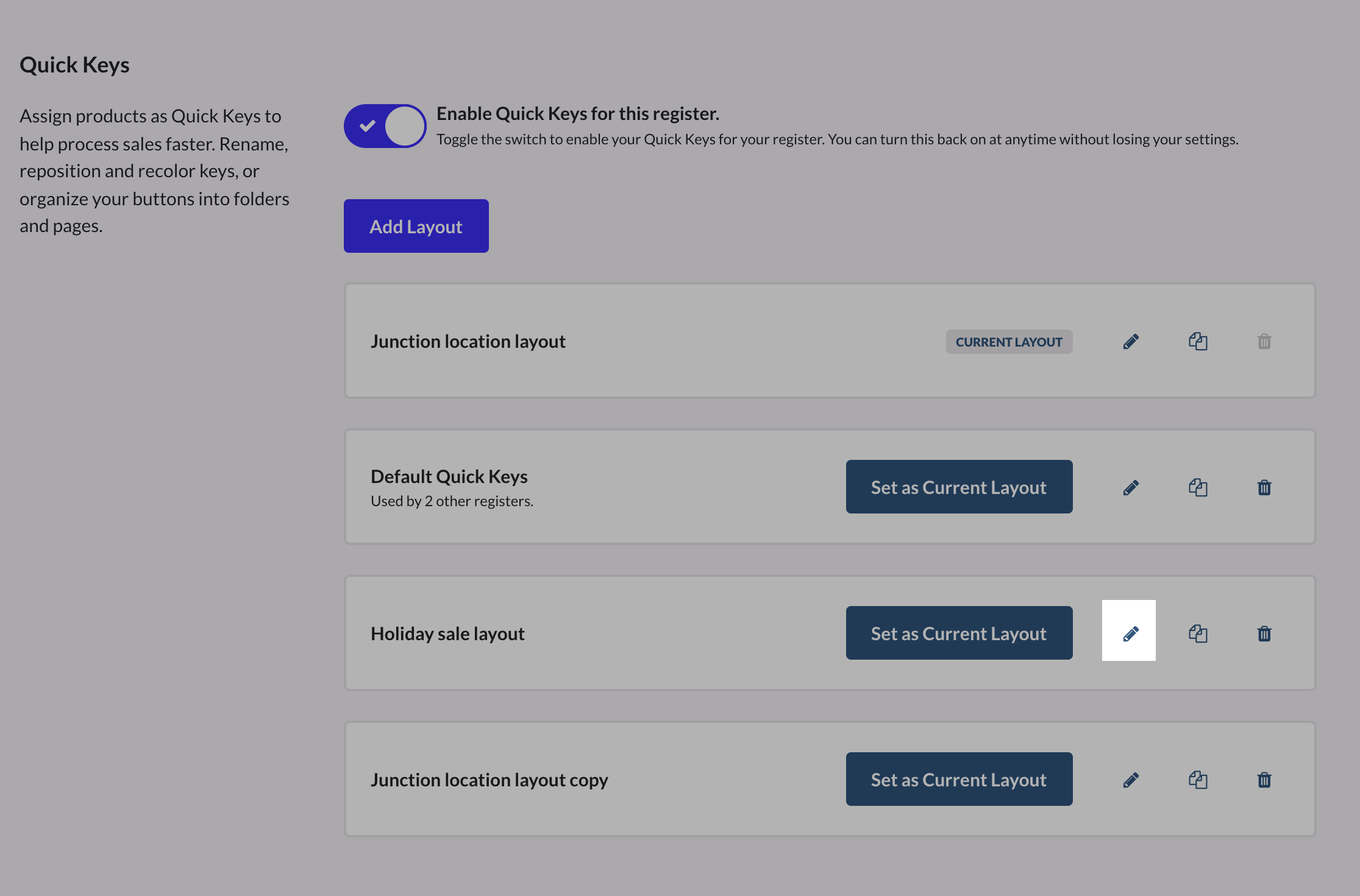 Settings page with the pencil icon beside the quick key layout highlighted.
