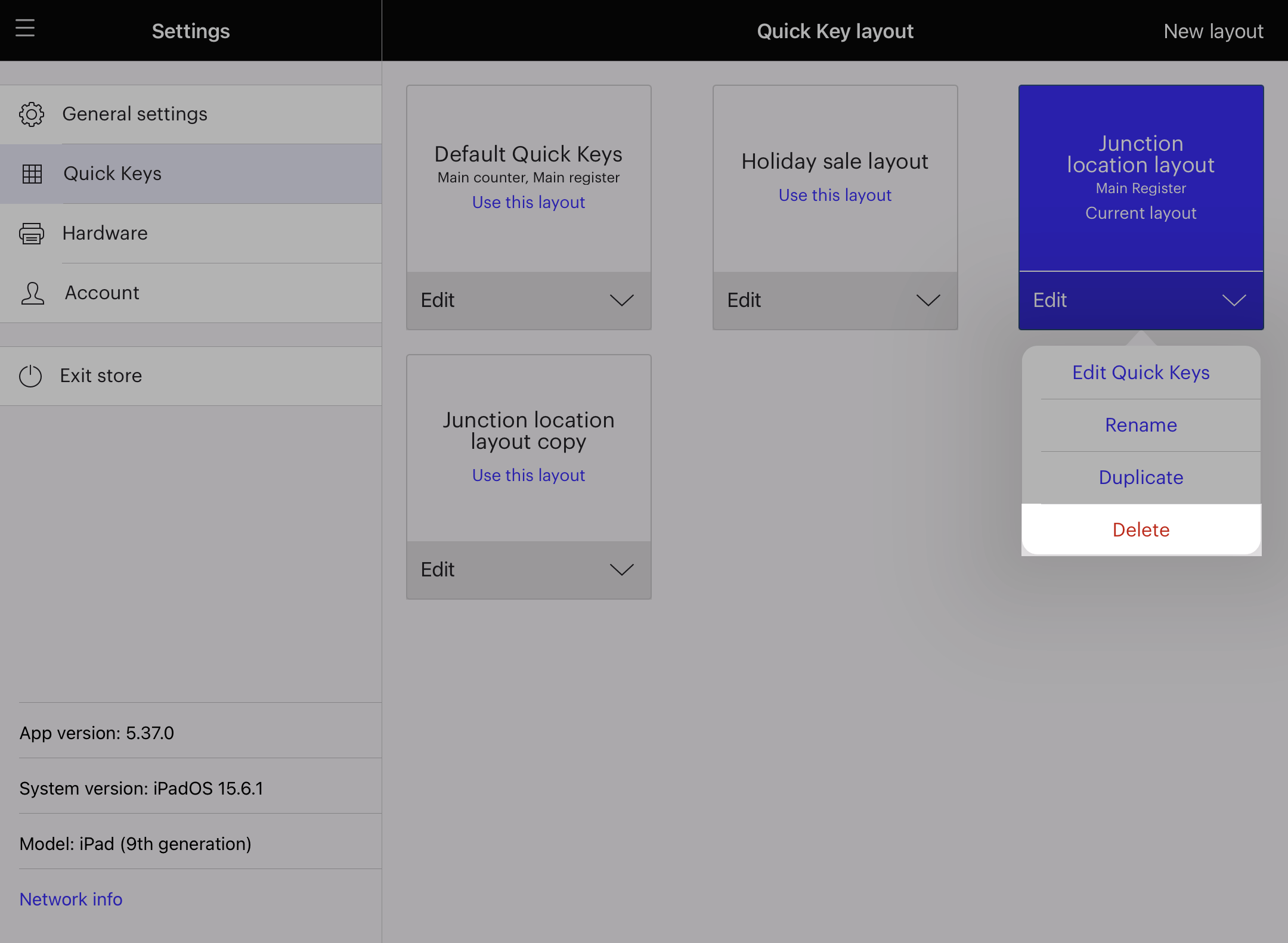 Quick keys setting page with delete button highlighted.