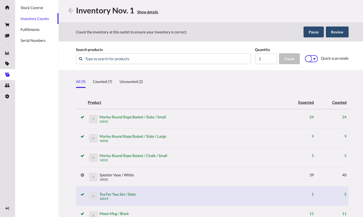 Inventory count to be approved.
