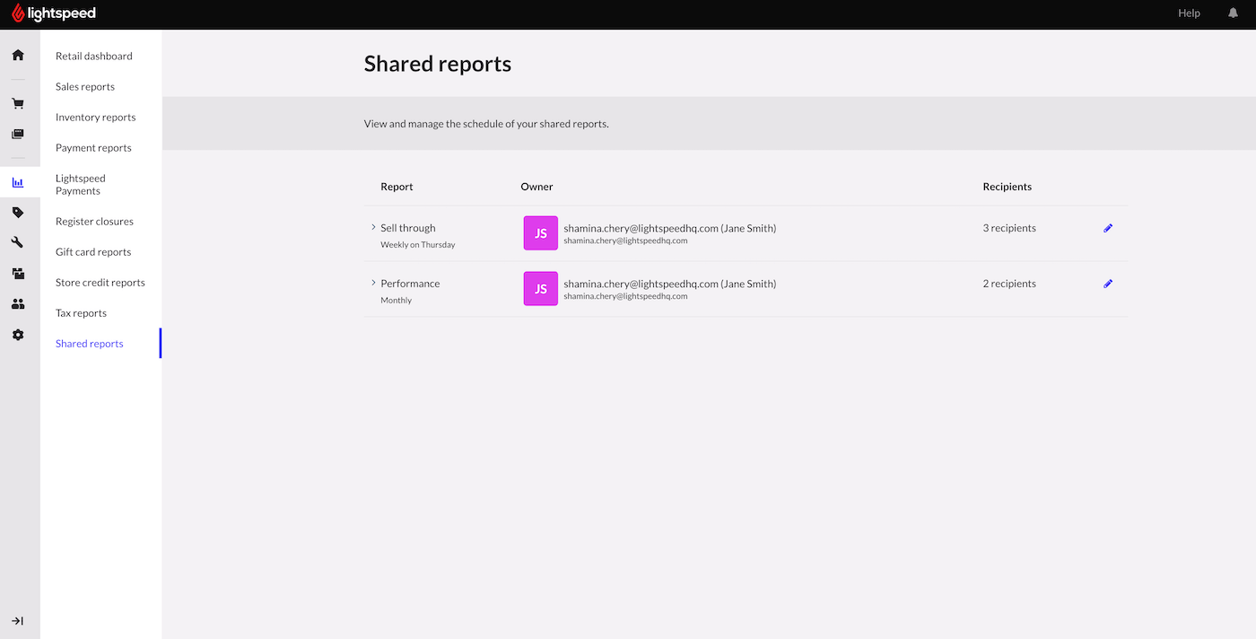 Shared reports page