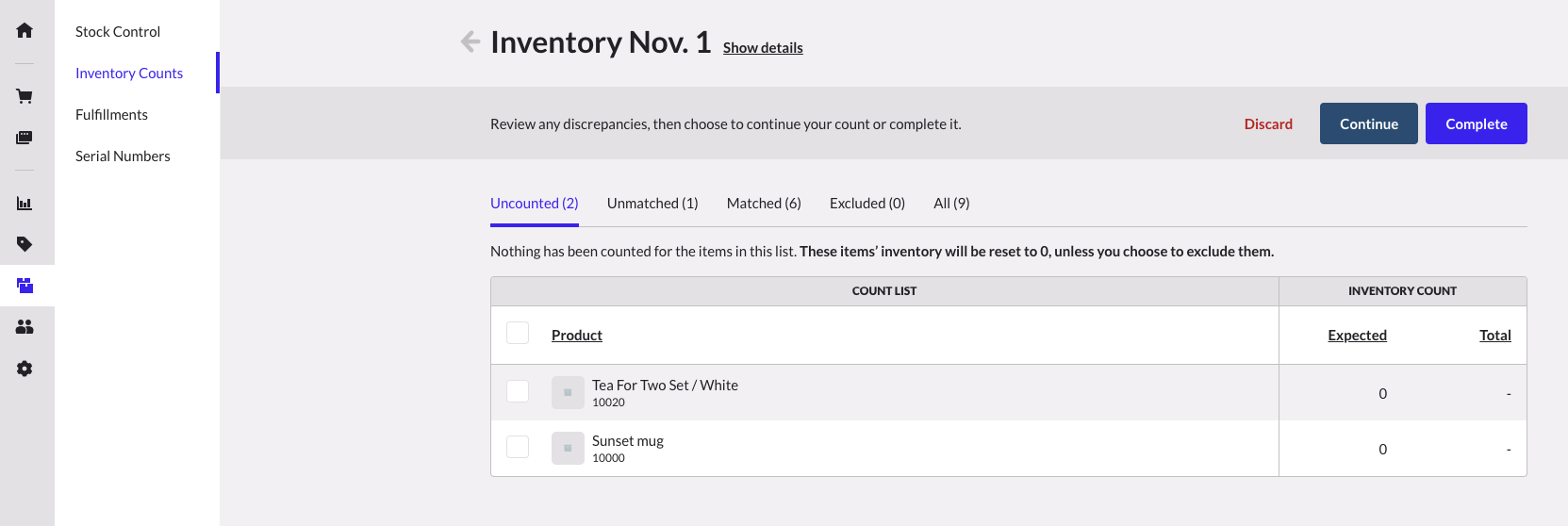 Iventory count showing tabs along the top of the page.