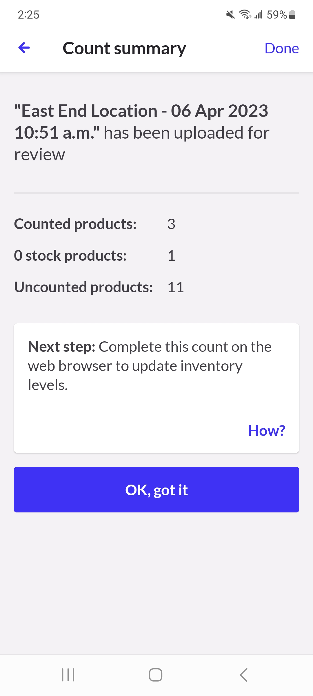 Finished count. Done and How? buttons visible.