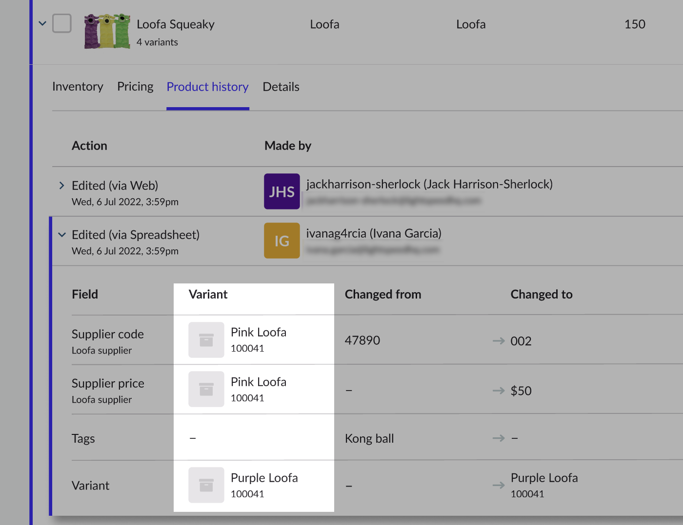Variant information column