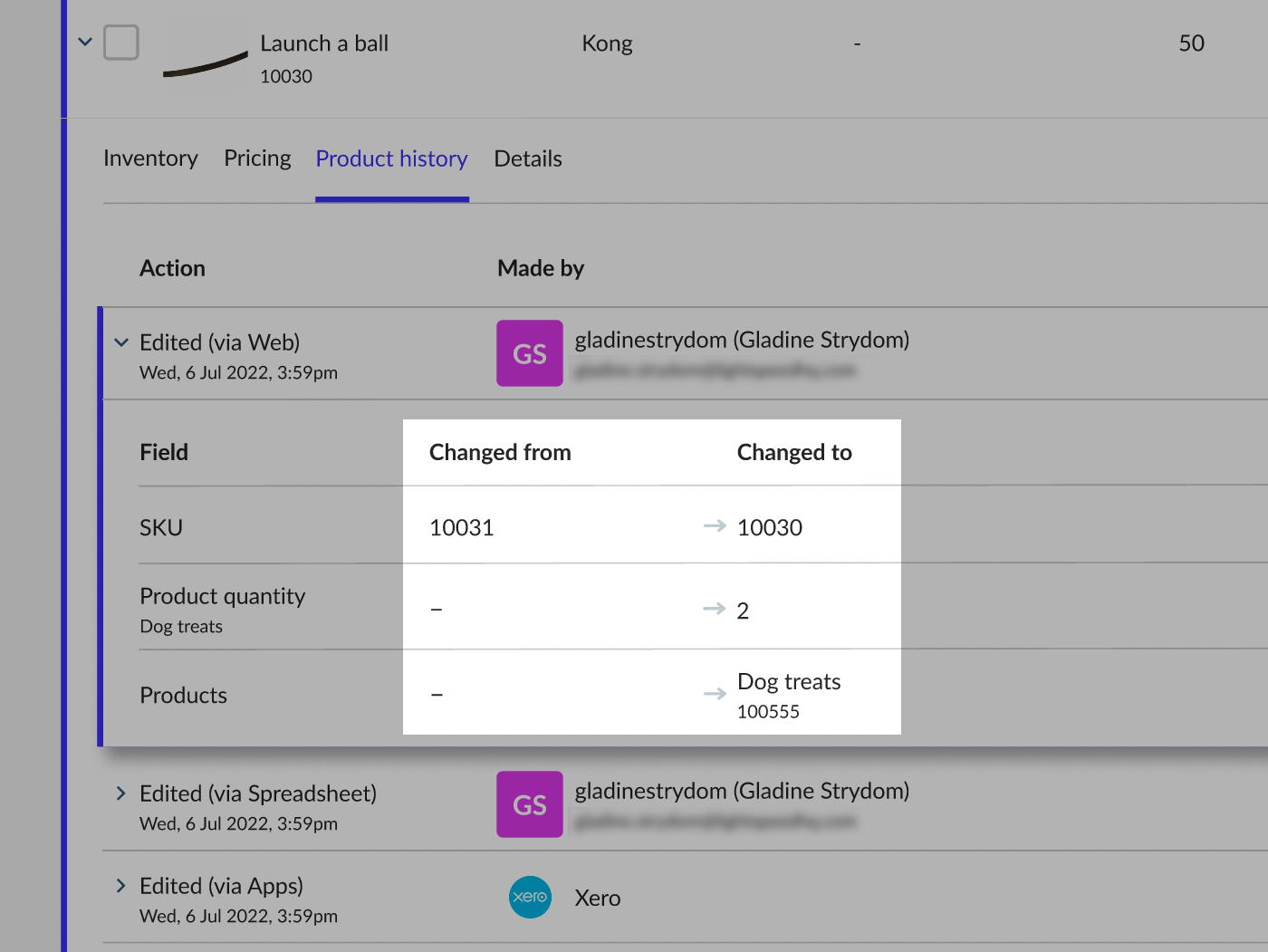 Changed From and To information columns