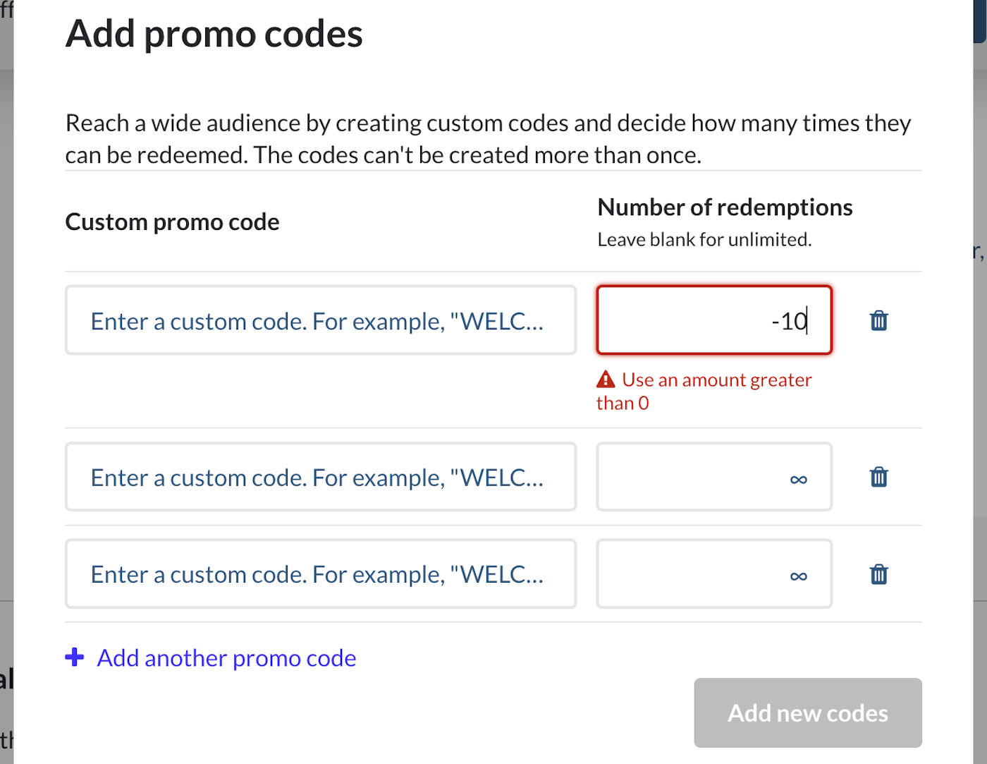 Warning on negative value for number of redemptions
