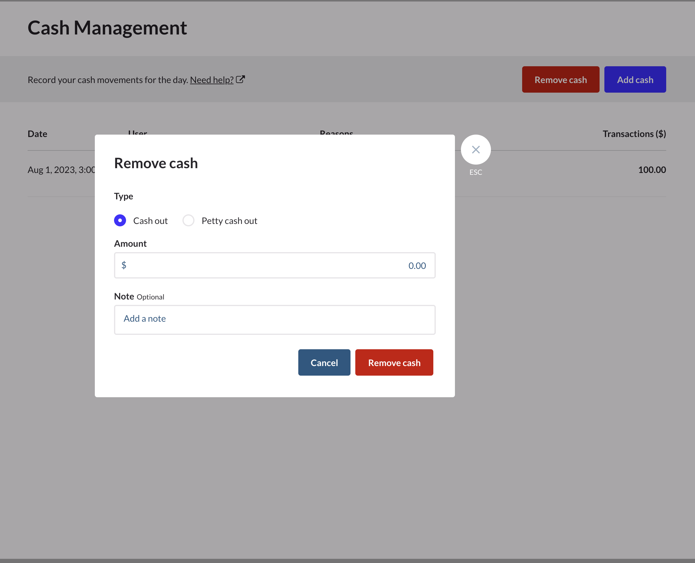 Remove cash dialogue box with option to select cash out or petty cash out.