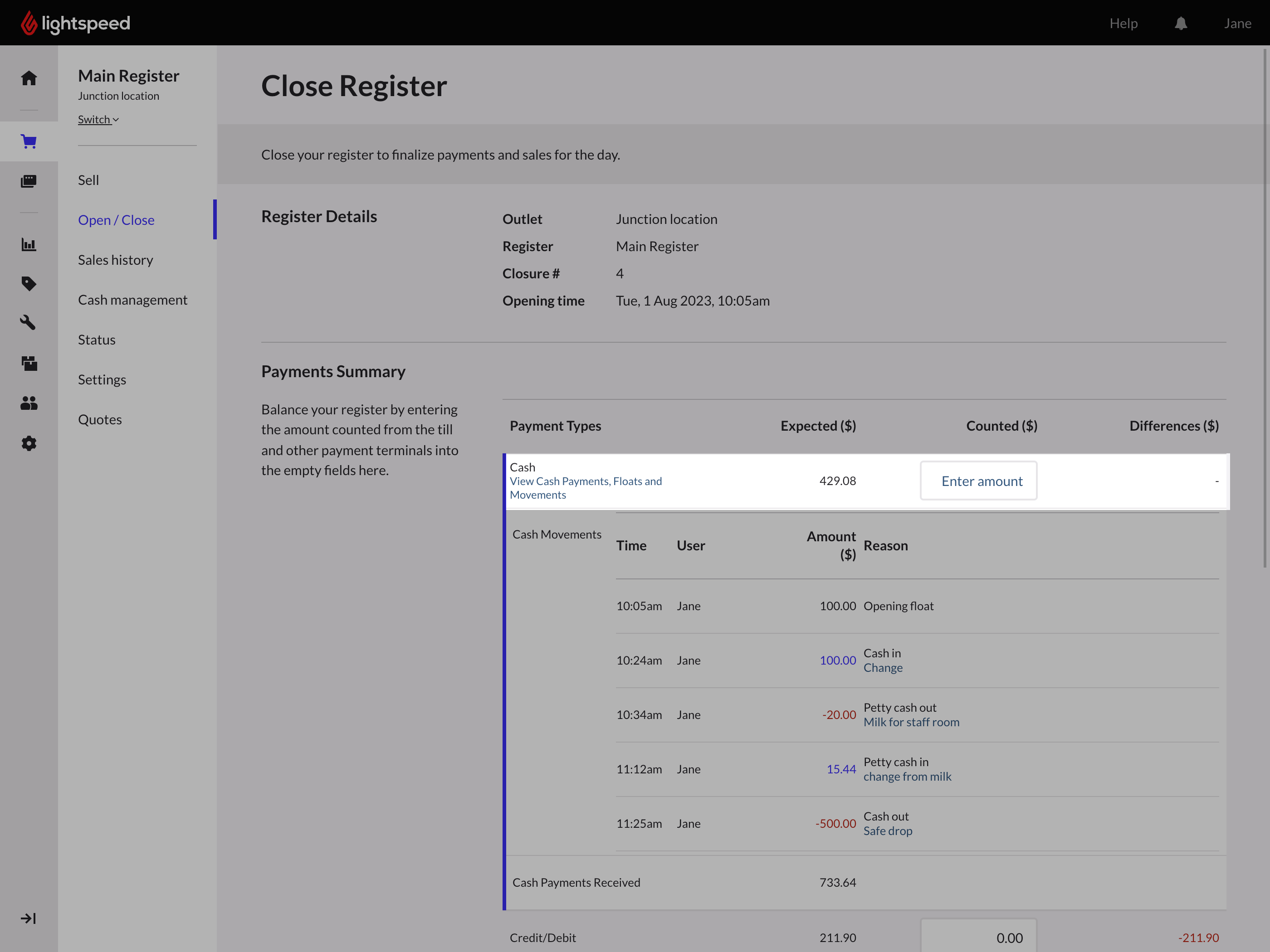 Close register page with count cash area highlighted.