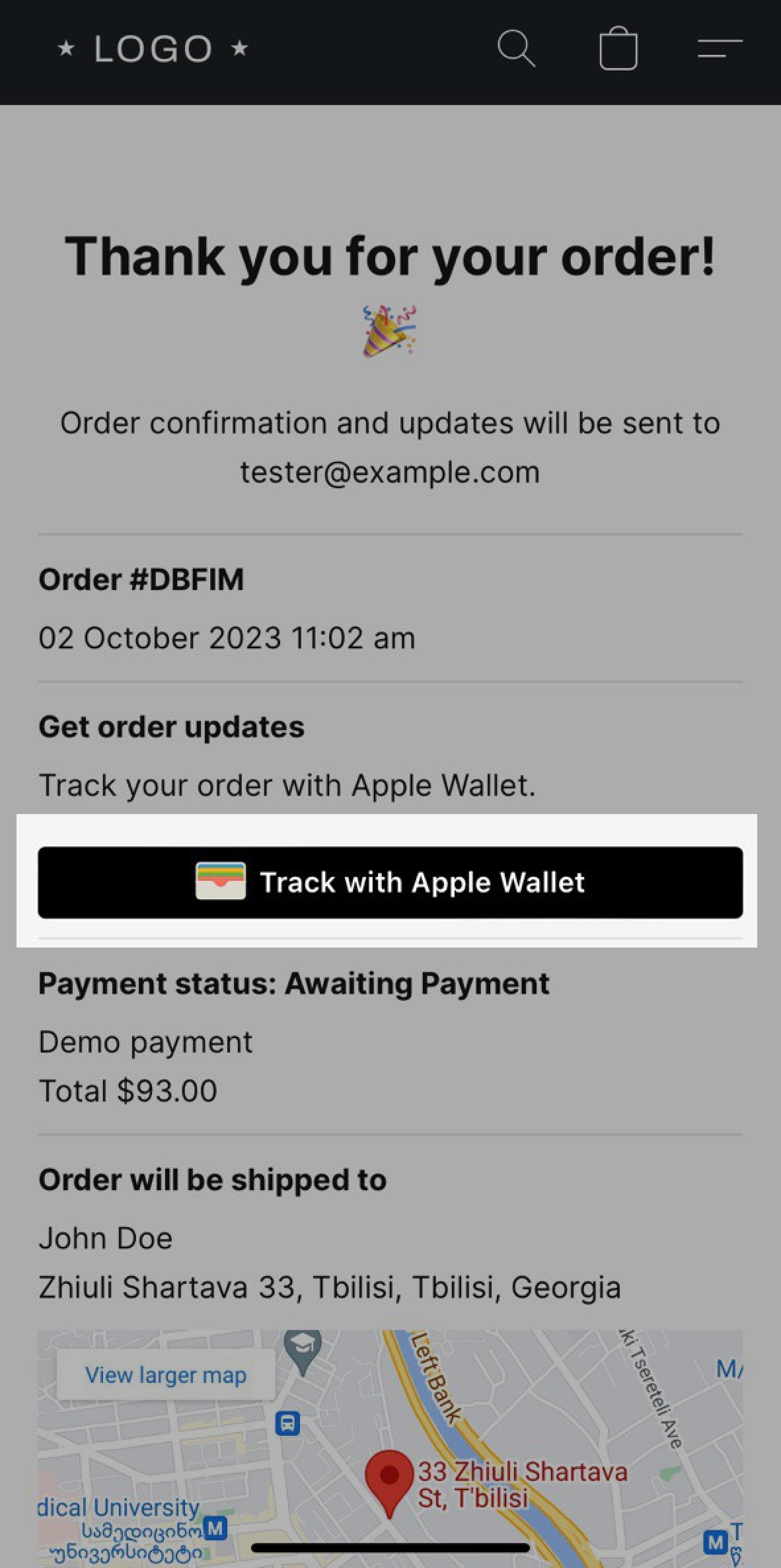 Thank you for your order page displaying the option to Track with Apple Wallet