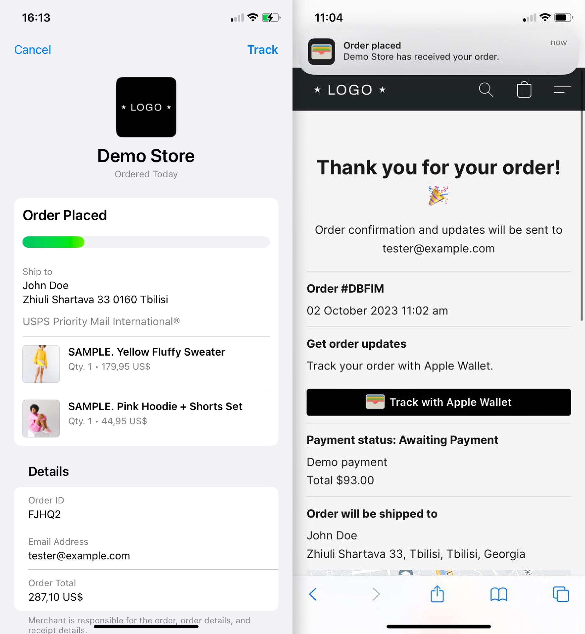 Add order to Apple Wallet page displaying the Track option and the order confirmation page after tracking the order